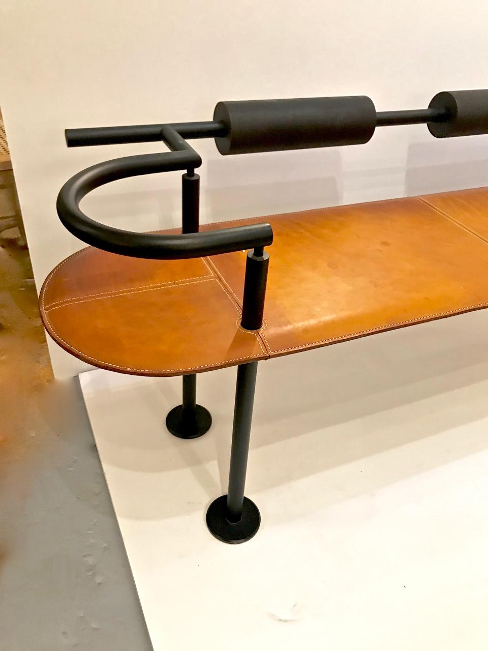 Mid-Century Modern Iron and Saddle Leather Bench by Cy Mann