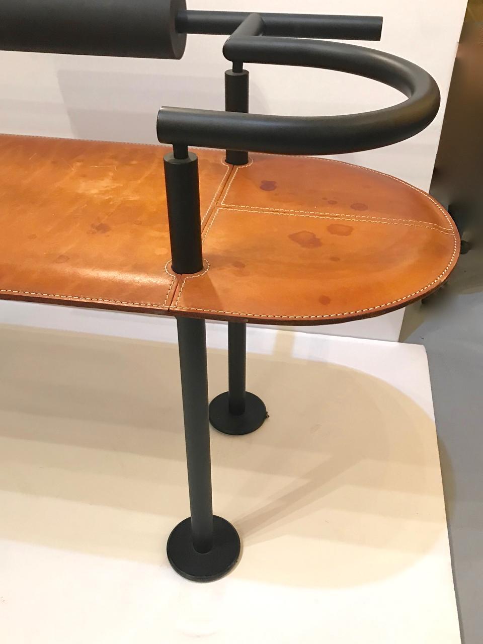 American Iron and Saddle Leather Bench by Cy Mann