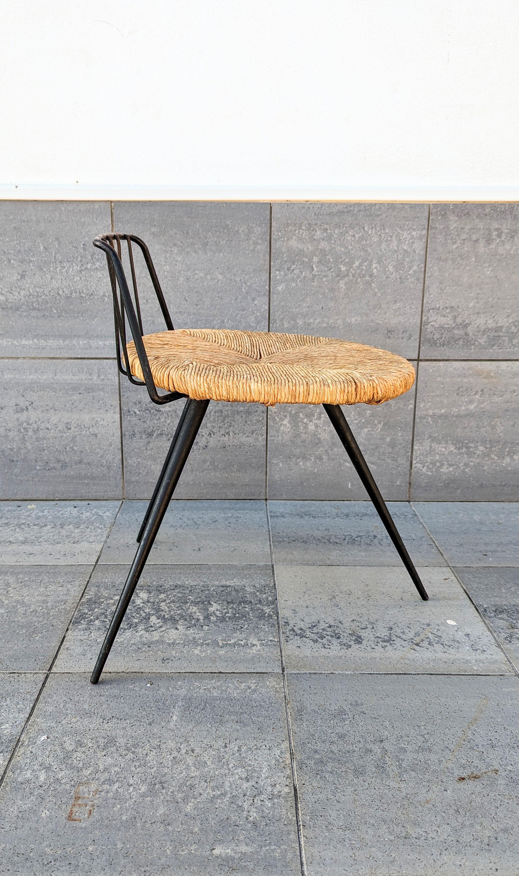 French Iron and Straw Stool, France 1960s For Sale