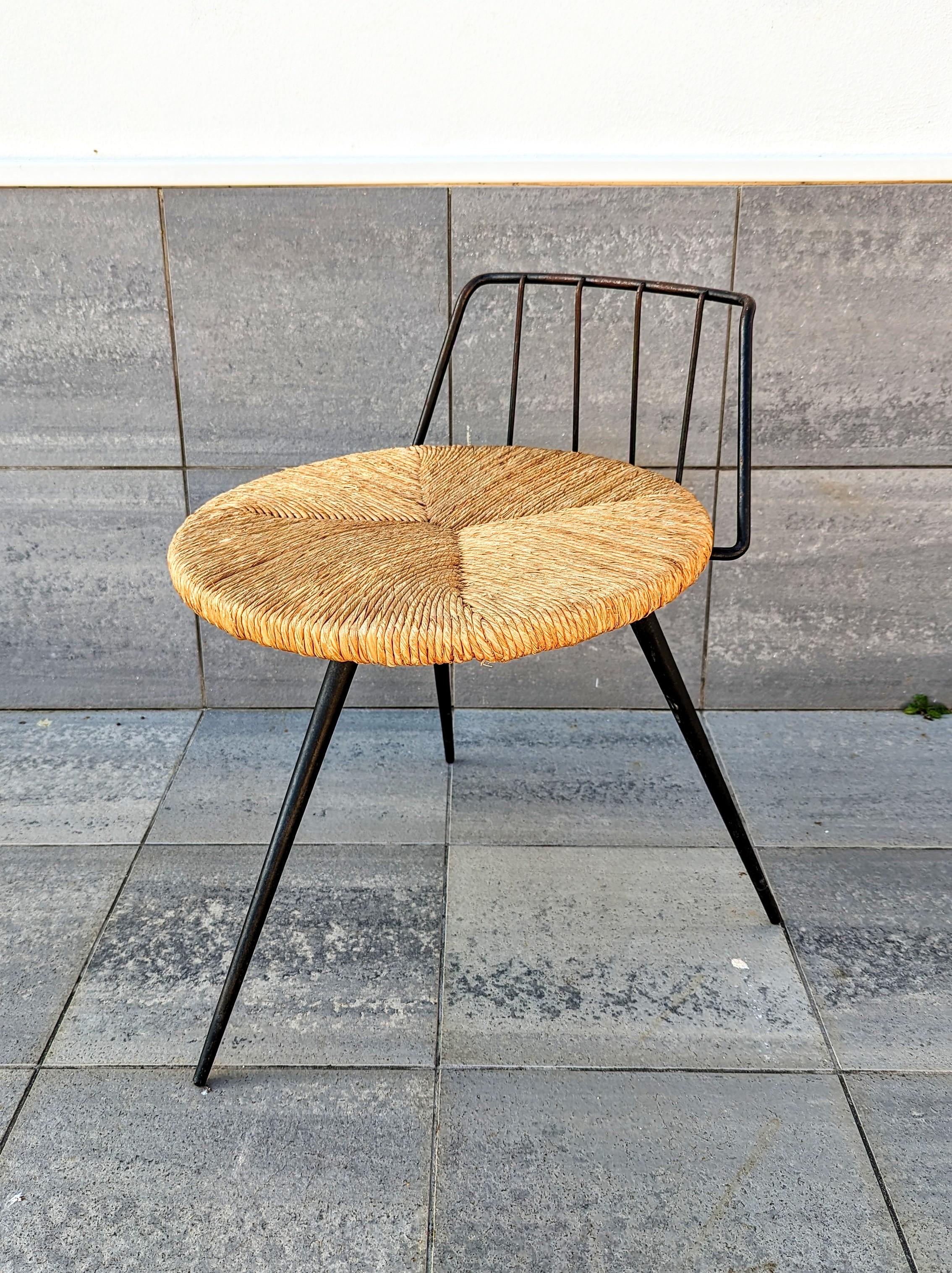 Iron and Straw Stool, France 1960s For Sale 1