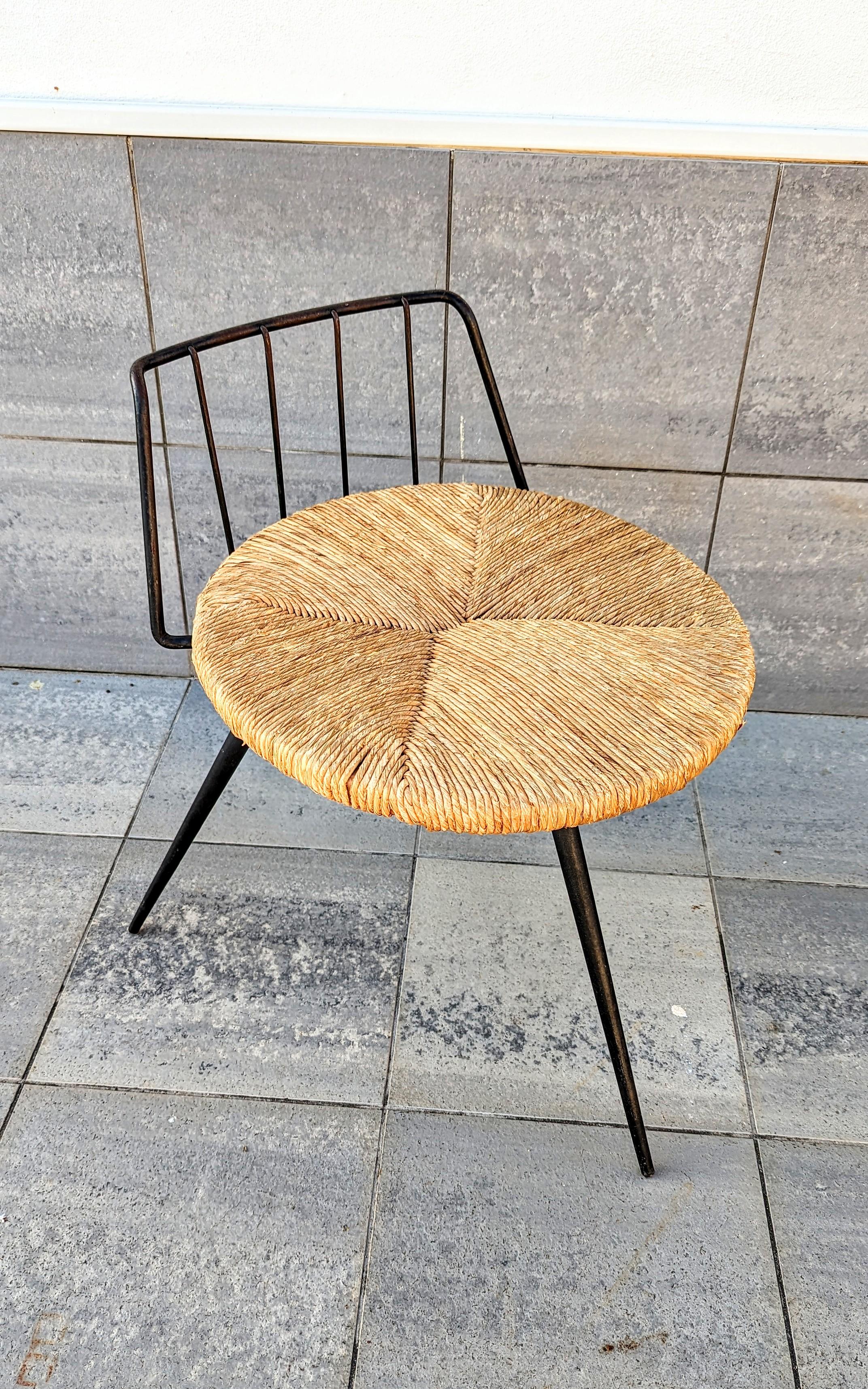 Iron and Straw Stool, France 1960s For Sale 2