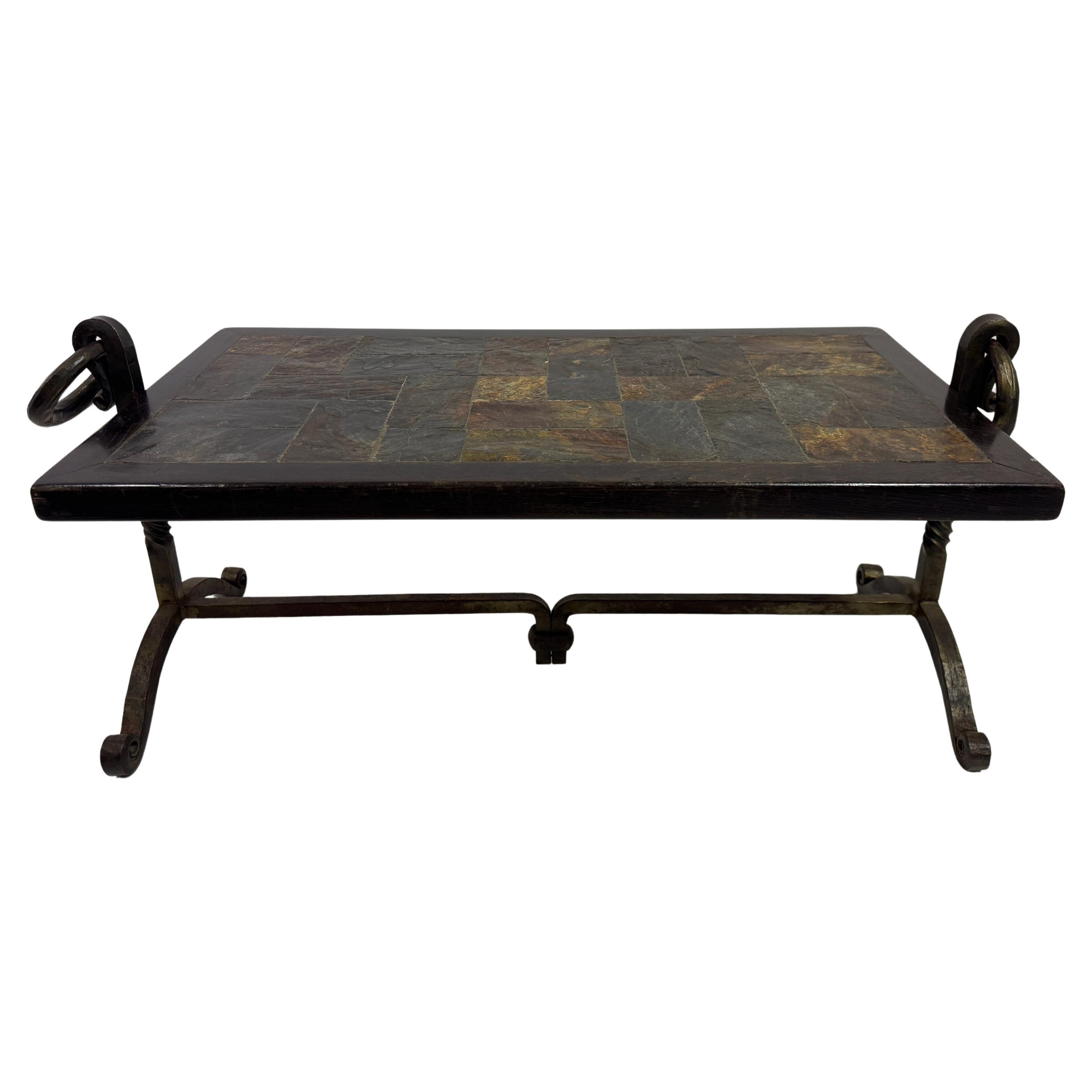 Iron and Tile Topped Brutalist Coffee Table, 1970s For Sale