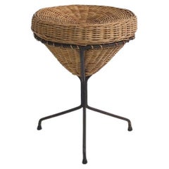 Vintage Iron and Wicker Basket Side Table, c.1950