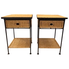 Iron and Wicker Sidetables in the Style of Paul McCobb Iron and Wicker Sidetables in the Style of Paul McCobb