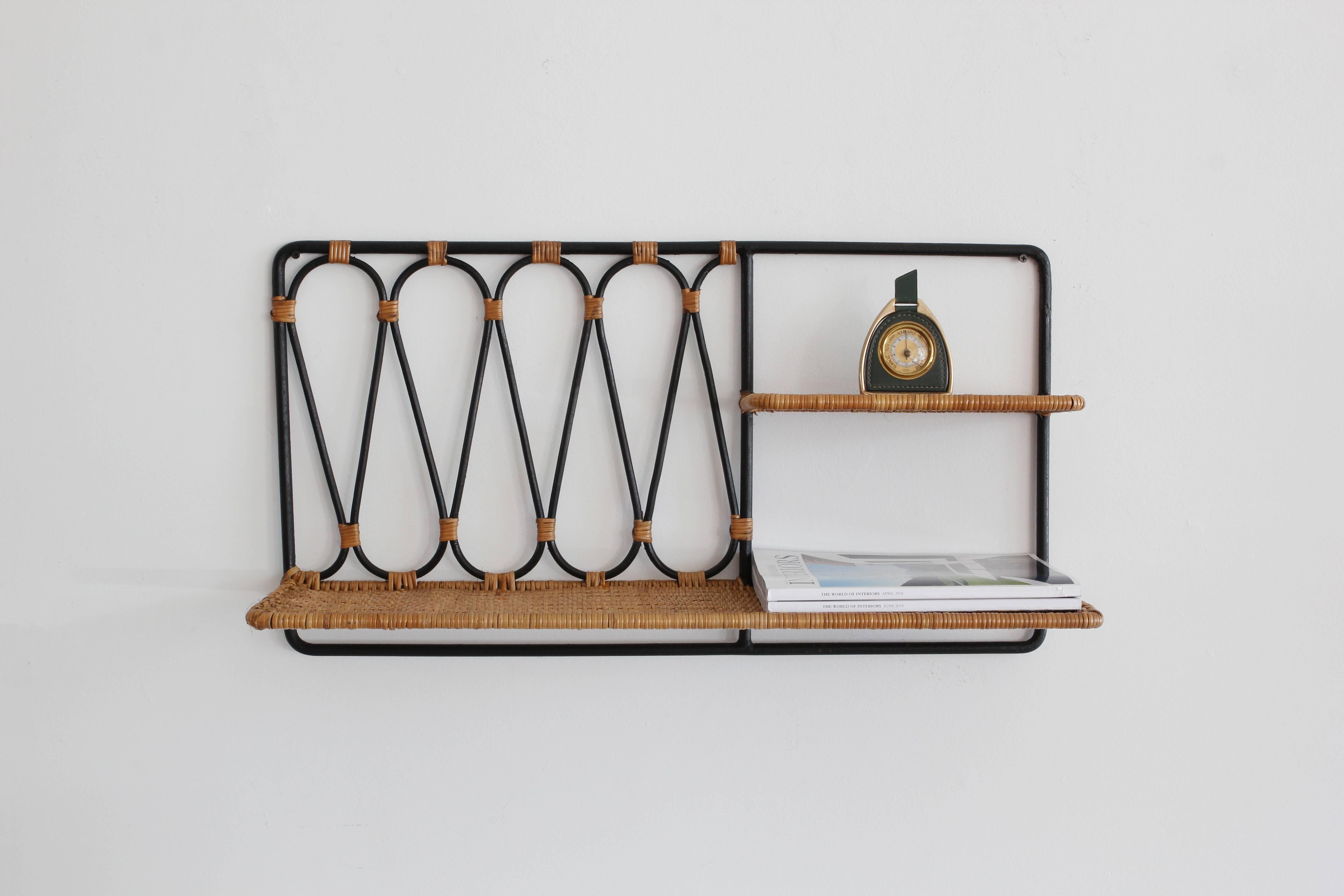 French Iron and Wicker Wall Shelf Attributed to Jacques Adnet