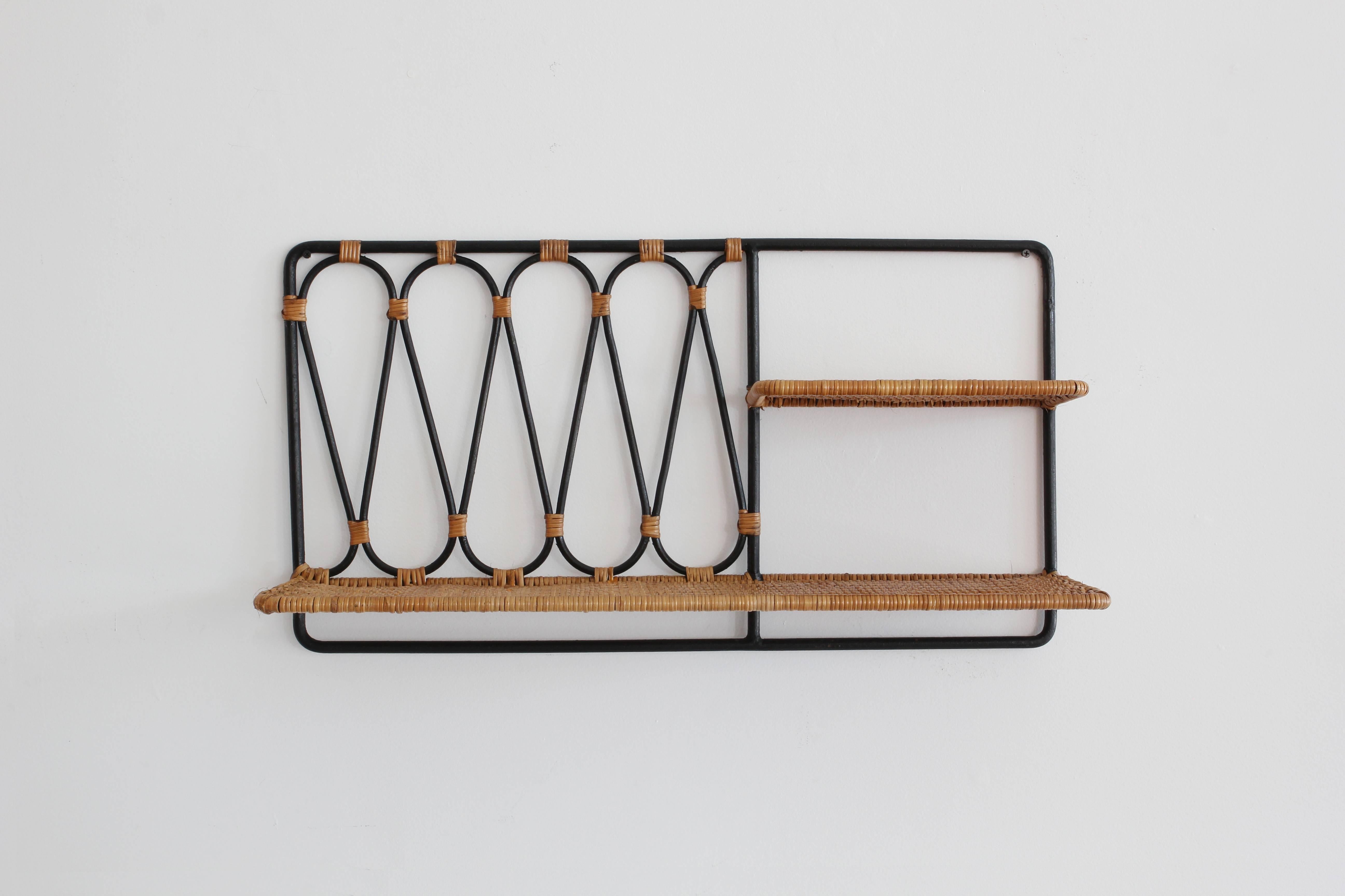 Iron and Wicker Wall Shelf Attributed to Jacques Adnet In Good Condition In Beverly Hills, CA