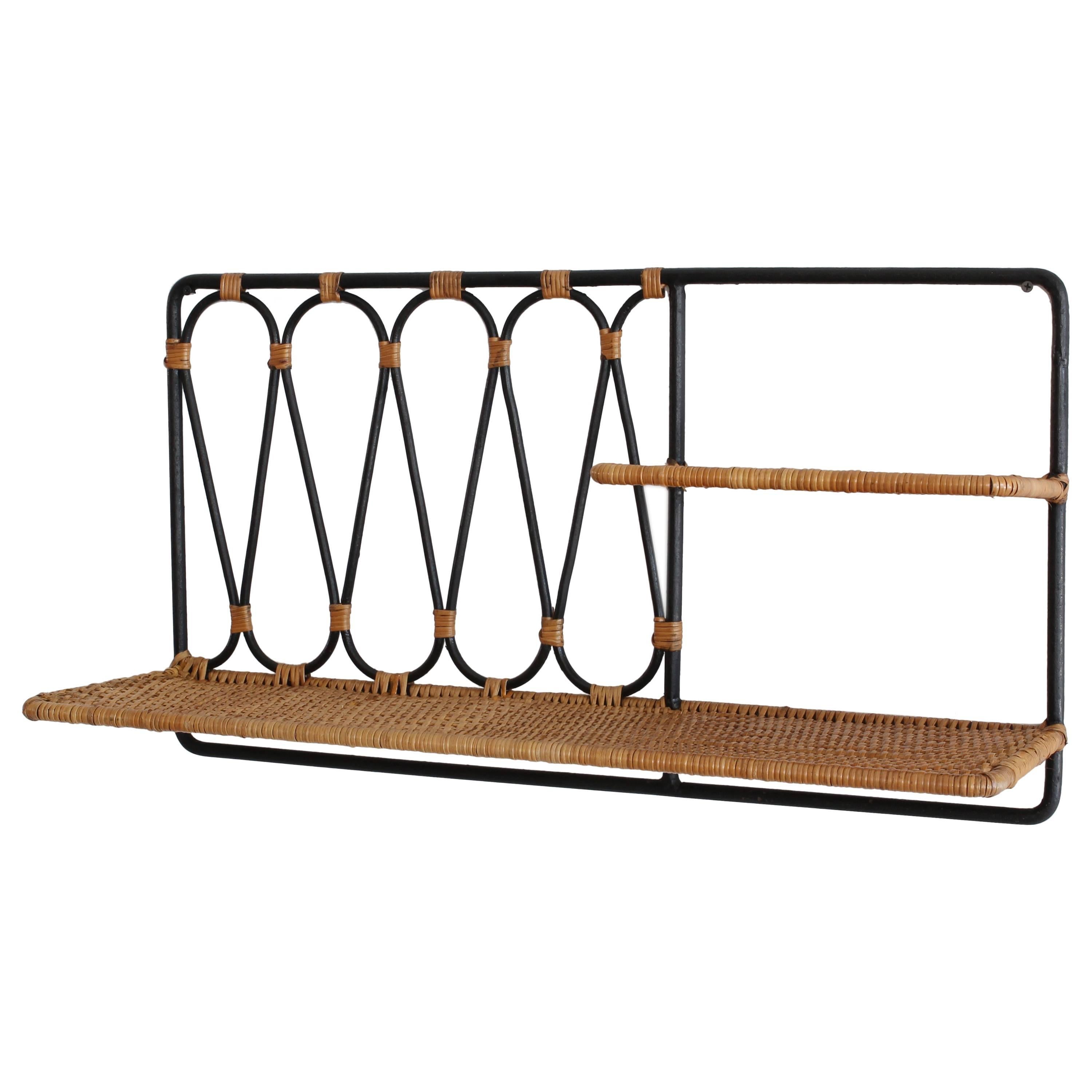 Iron and Wicker Wall Shelf Attributed to Jacques Adnet