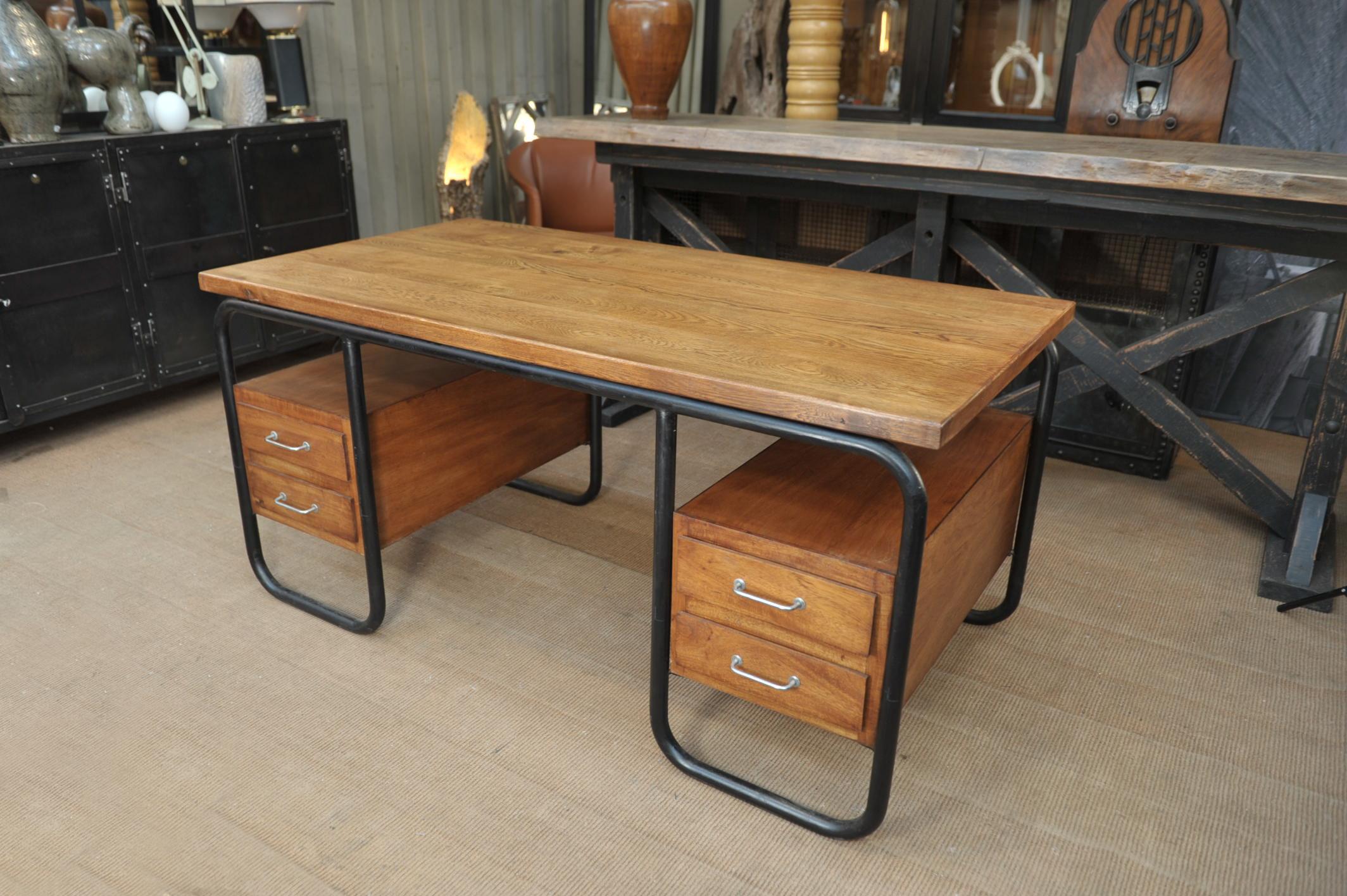 Iron structure with 4 drawers in plywood and solid oak top desk, France, Circa 1950.