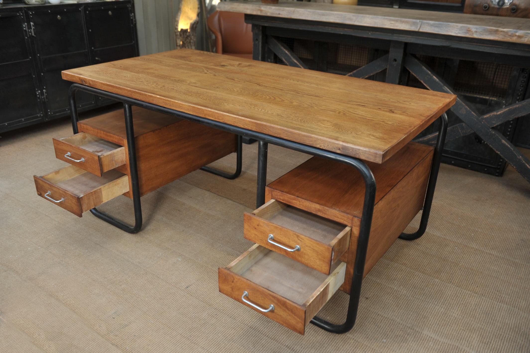 European Iron and Wood 4 Drawer Mid-Century Desk, circa 1950 For Sale