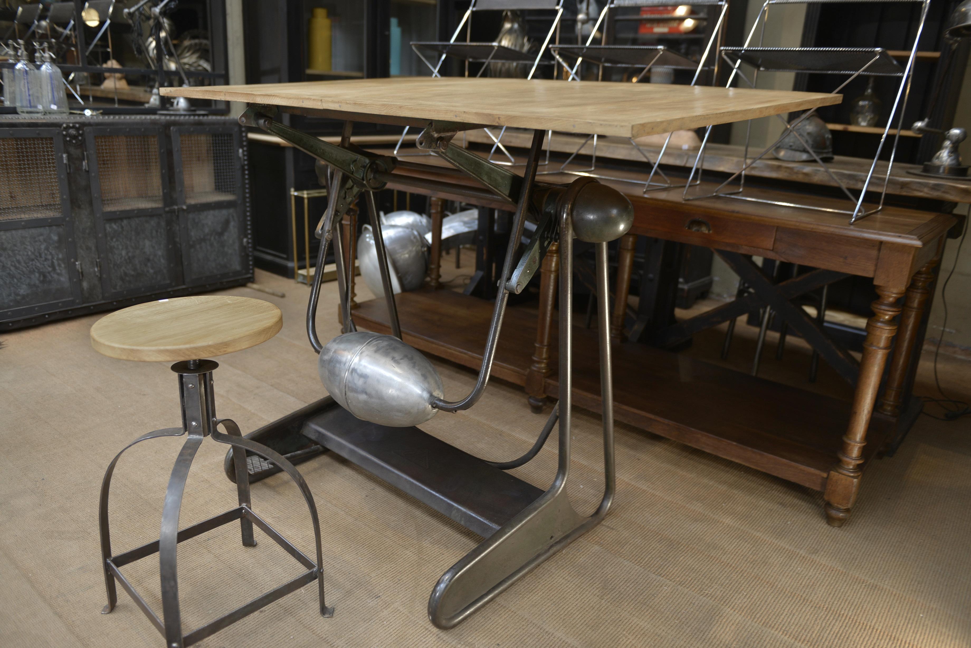 Mid-20th Century Iron and Wood Adjustable Architect's Drafting Desk Table, 1950s For Sale