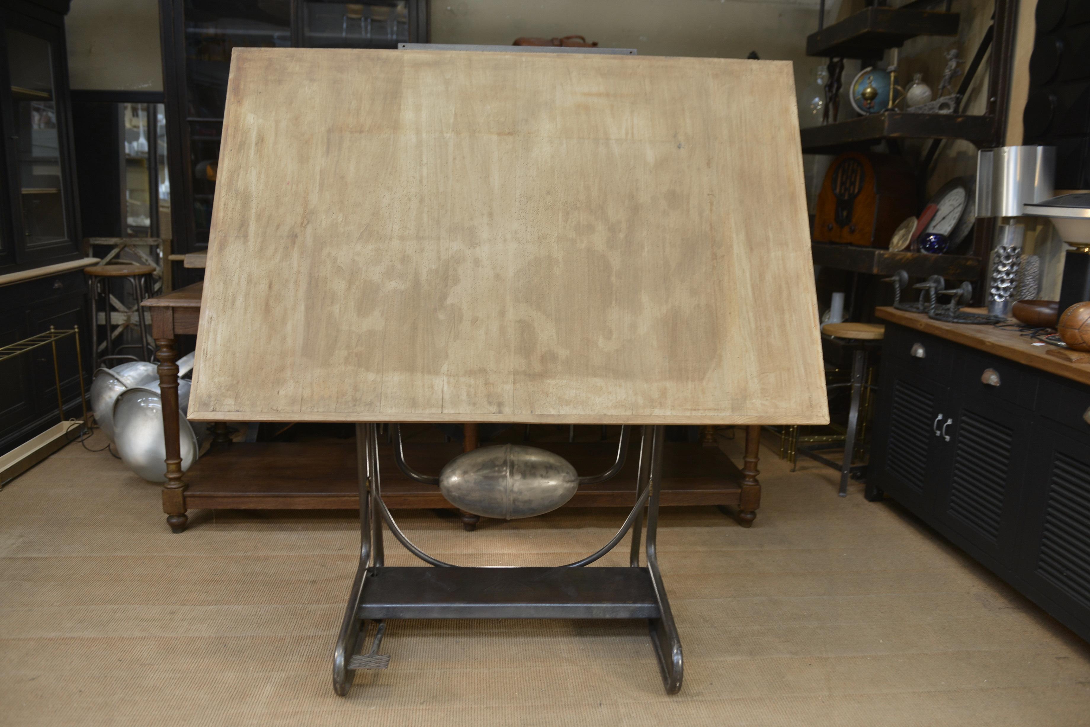 Iron and Wood Adjustable Architect's Drafting Desk Table, 1950s For Sale 3