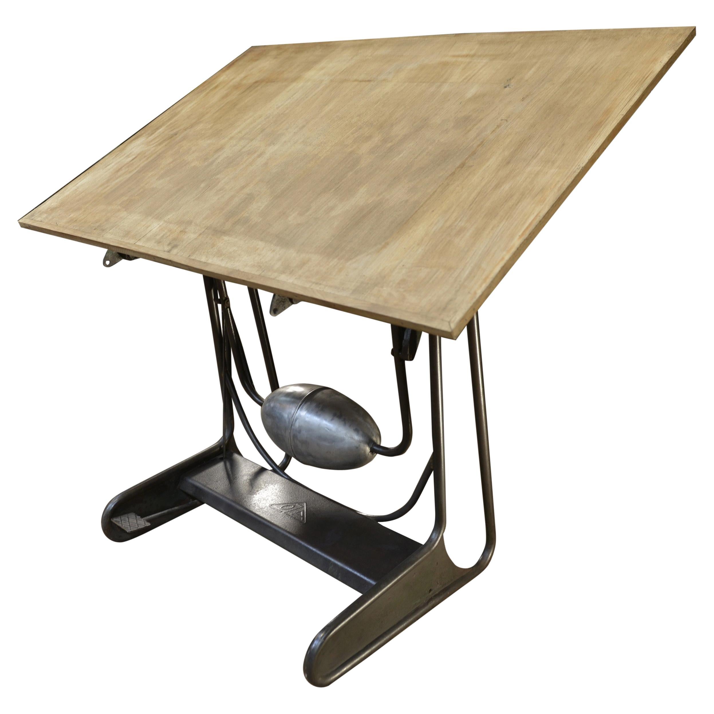 Iron and Wood Adjustable Architect's Drafting Desk Table, 1950s For Sale