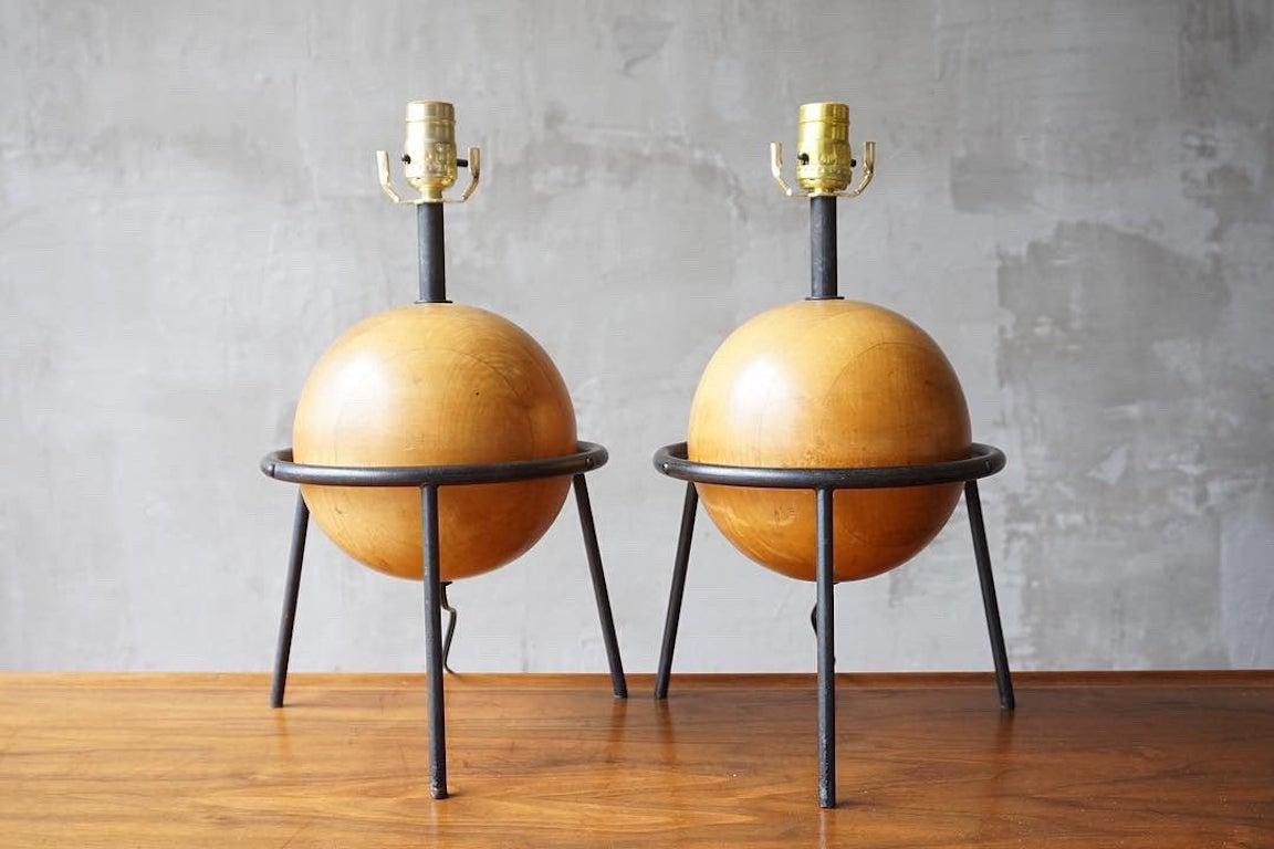 Mid-Century Modern Iron and Wood Albert Blake Table Lamps