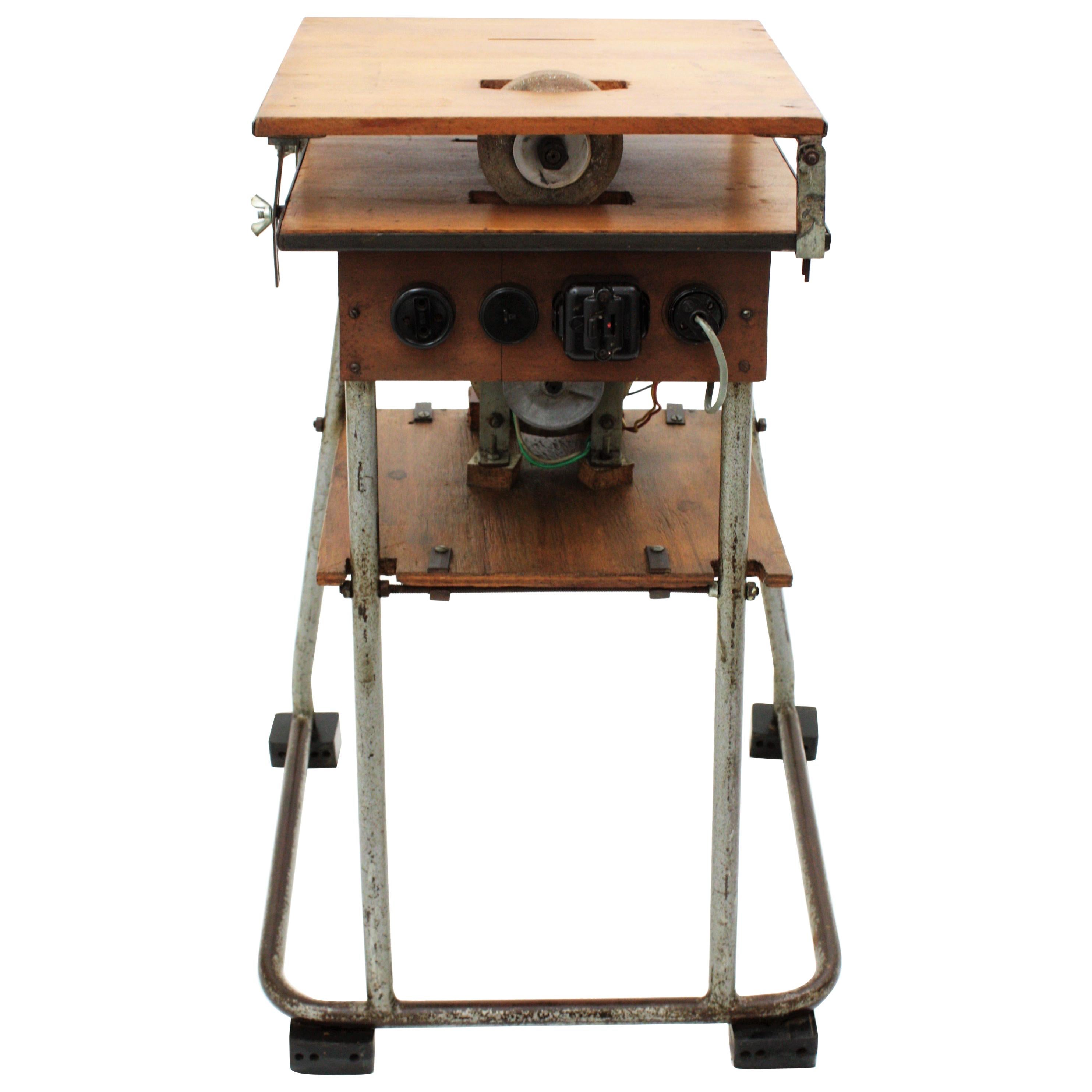 Spanish power saw and milling machine craftsman Industrial work table or Stand. Spain, 1940s.
The saw has been removed to use the top surface as a side table and the engine has been blocked. 
A beautiful table placed as end or side table to add an