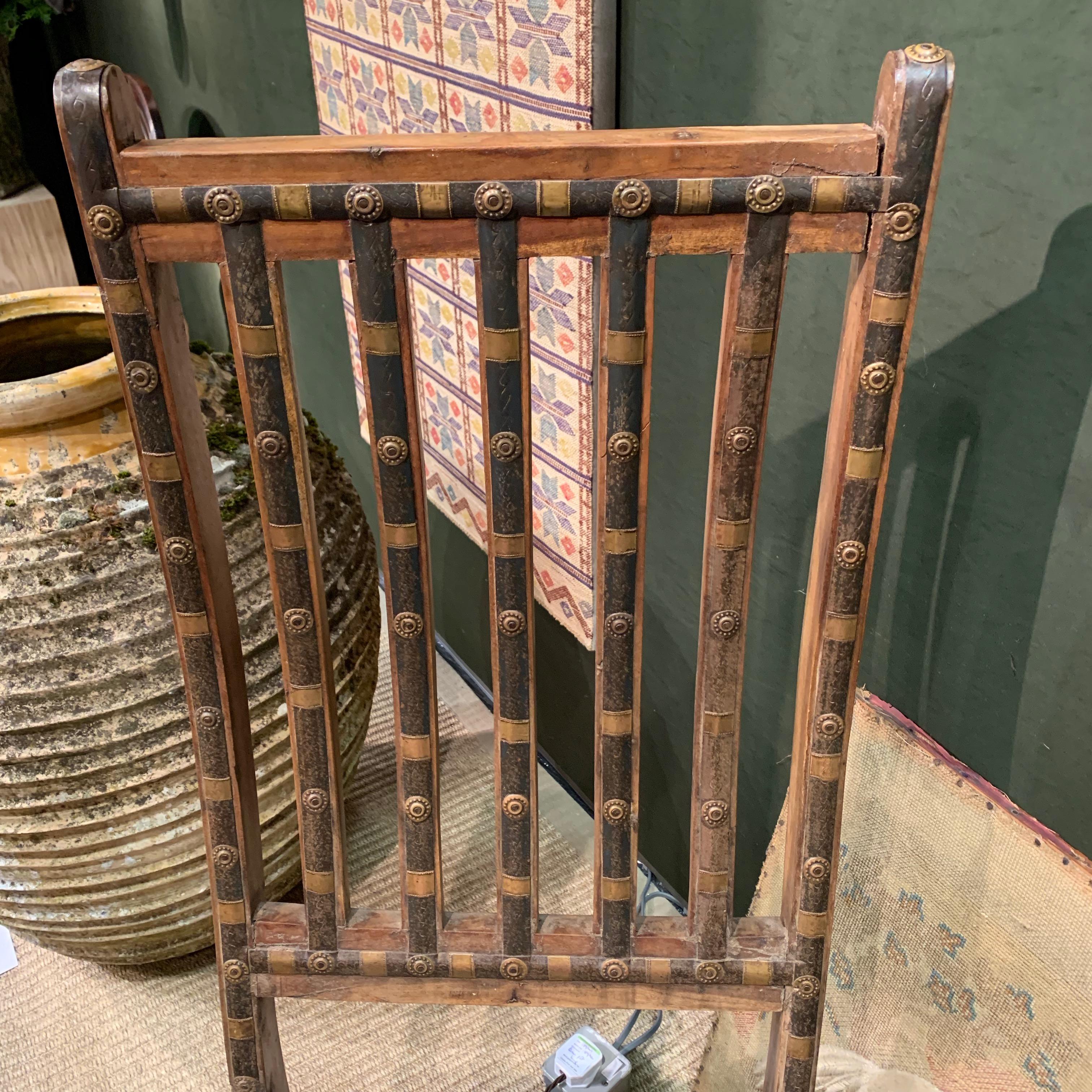 Indian Decorative Iron and Wood Single Chair With Leather Seat, India, 19th Century For Sale
