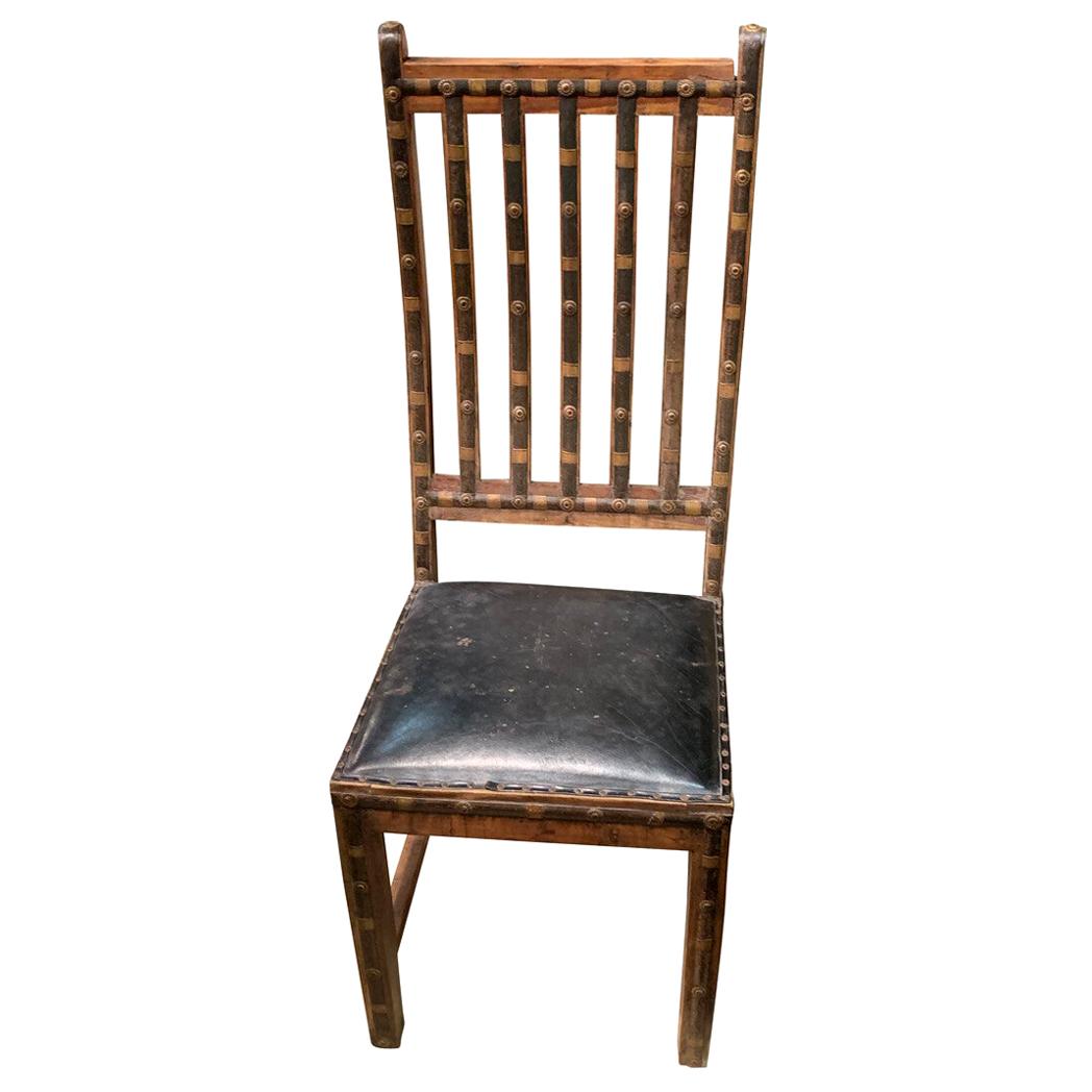 Decorative Iron and Wood Single Chair With Leather Seat, India, 19th Century For Sale