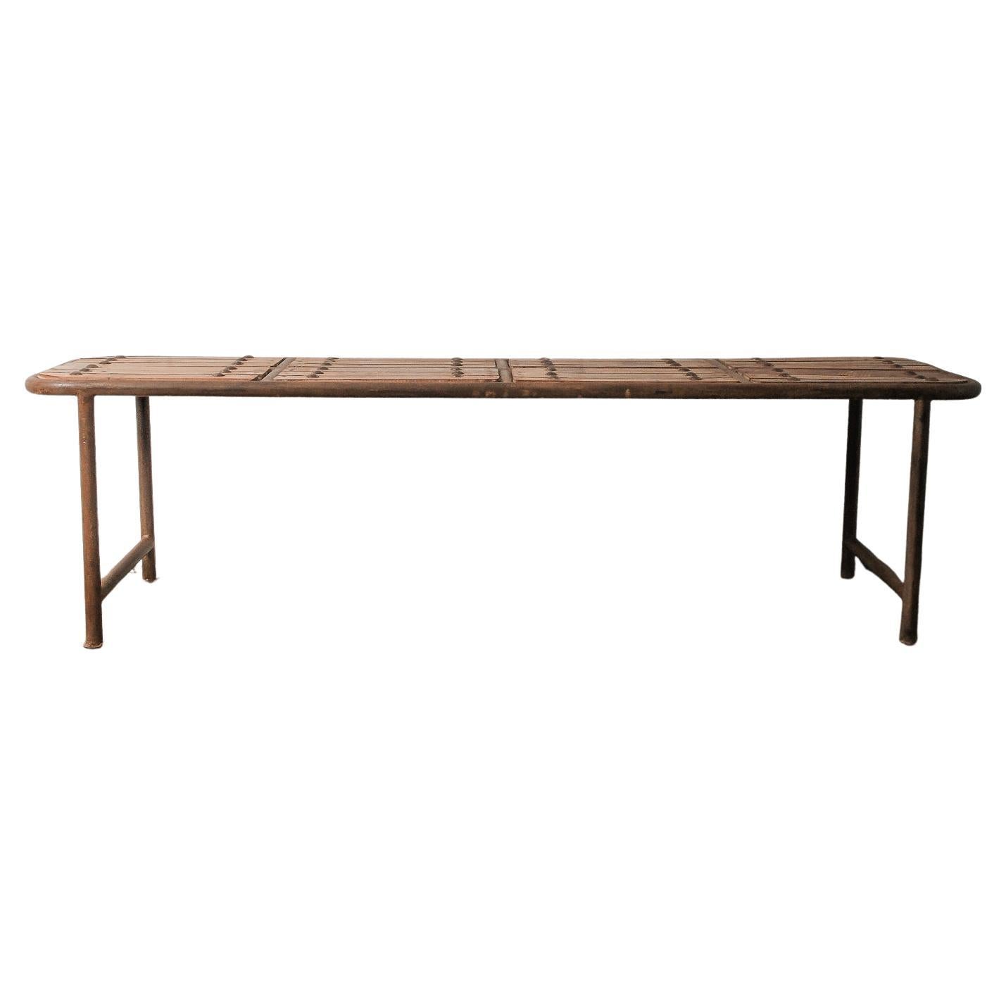 Iron and Wood Slatted Bench with Riveted Seat For Sale