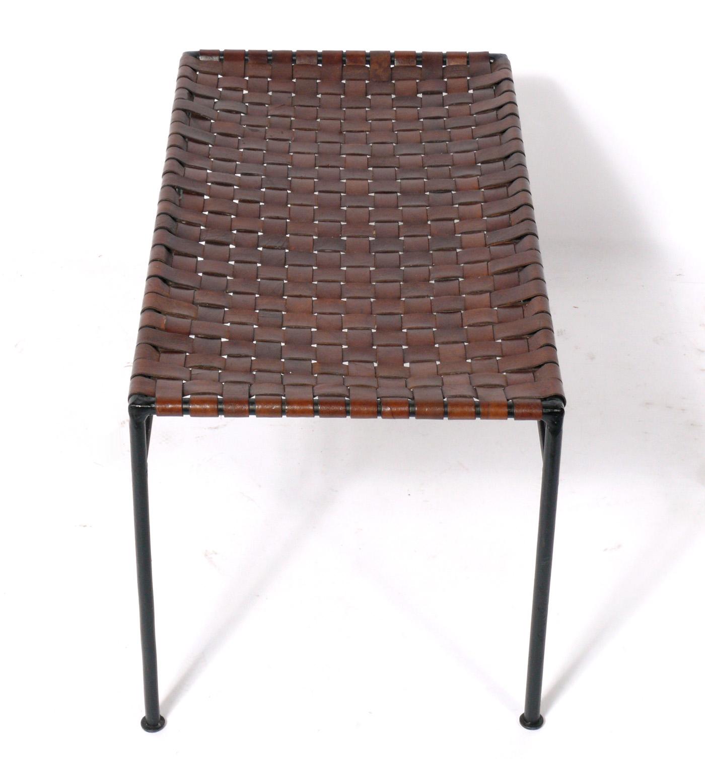 Mid-Century Modern Iron and Woven Leather Strap Bench in the manner of Swift and Monell
