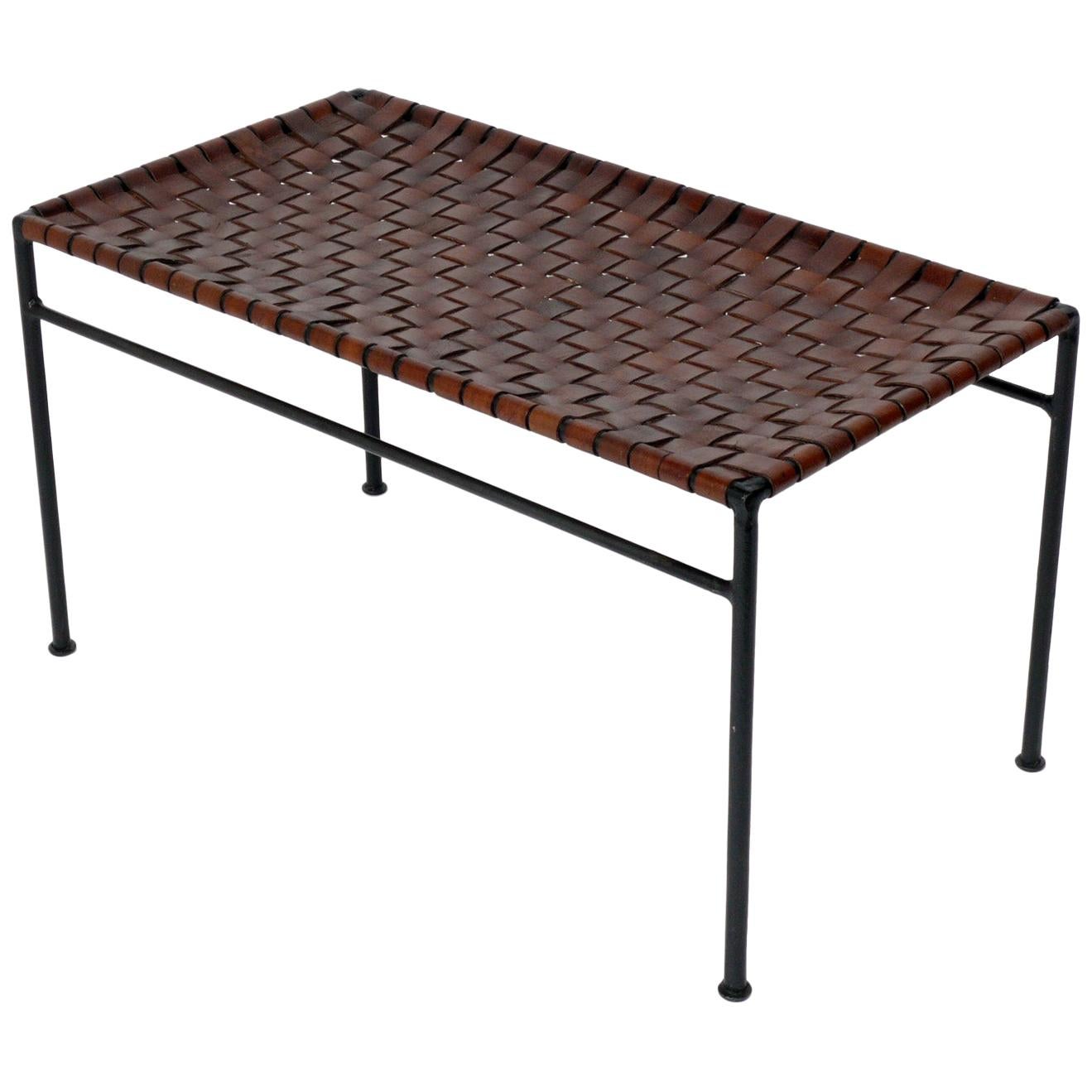 Iron and Woven Leather Strap Bench in the manner of Swift and Monell