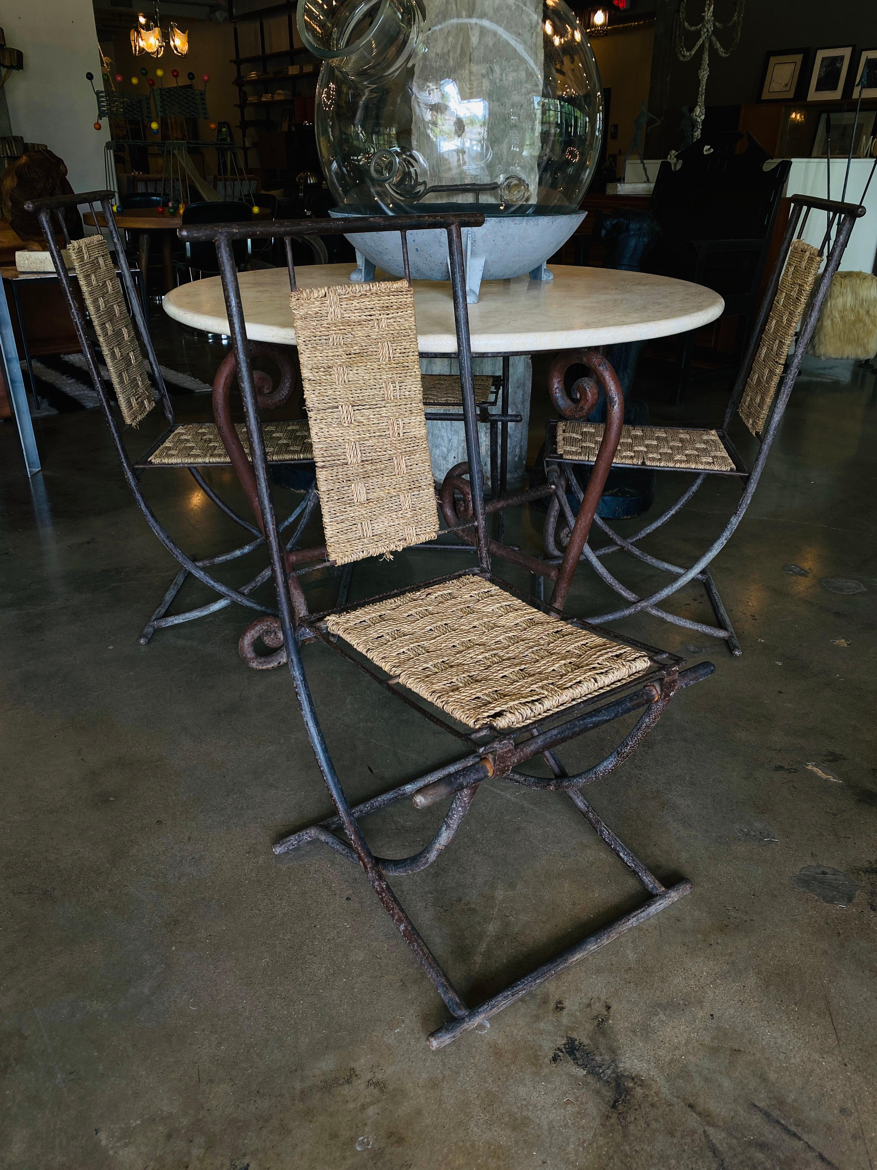Iron and Woven Wicker Dining Chairs, Set of 4, France 3