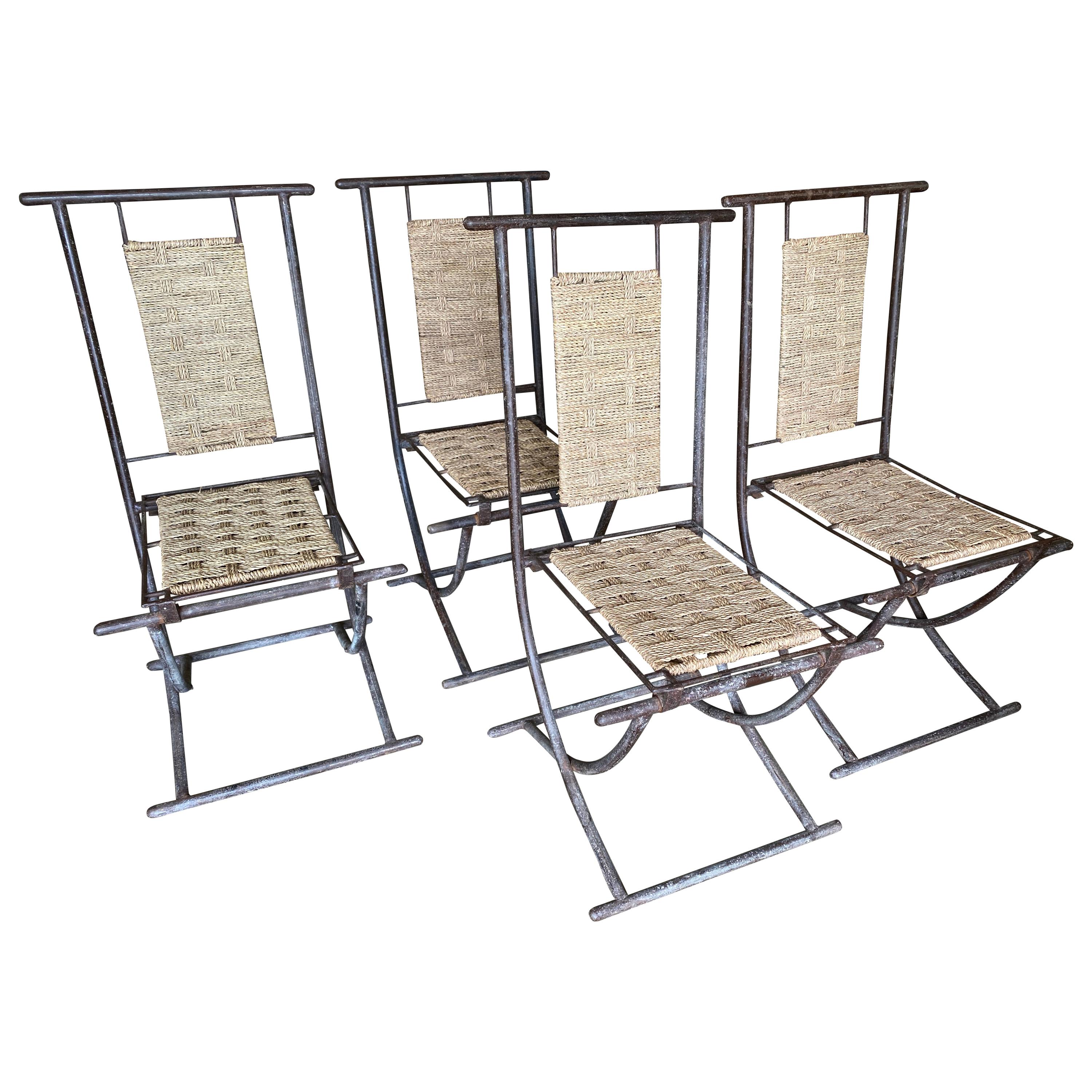Iron and Woven Wicker Dining Chairs, Set of 4, France
