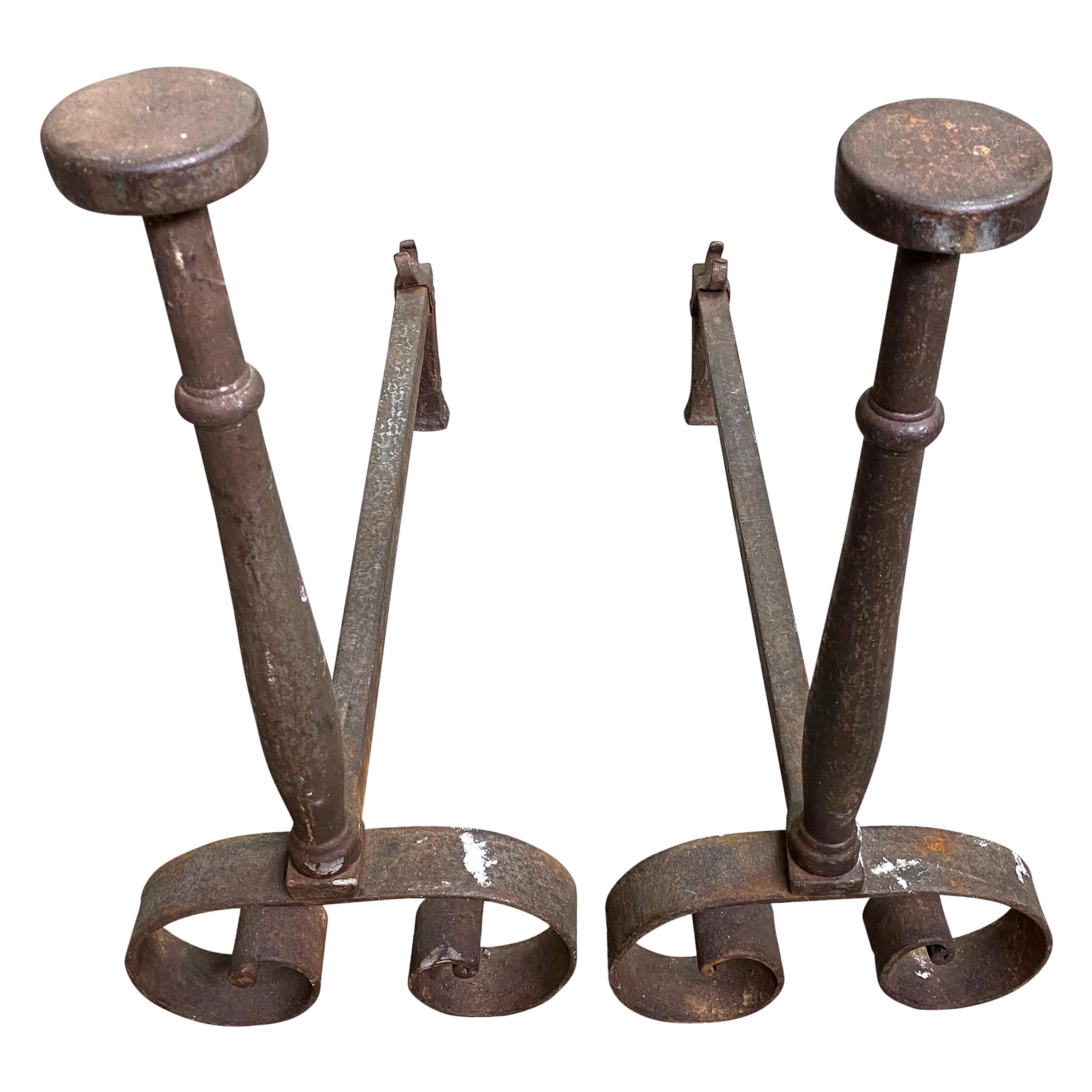 Iron Andirons or Fire Dogs Pair, 19th Century For Sale