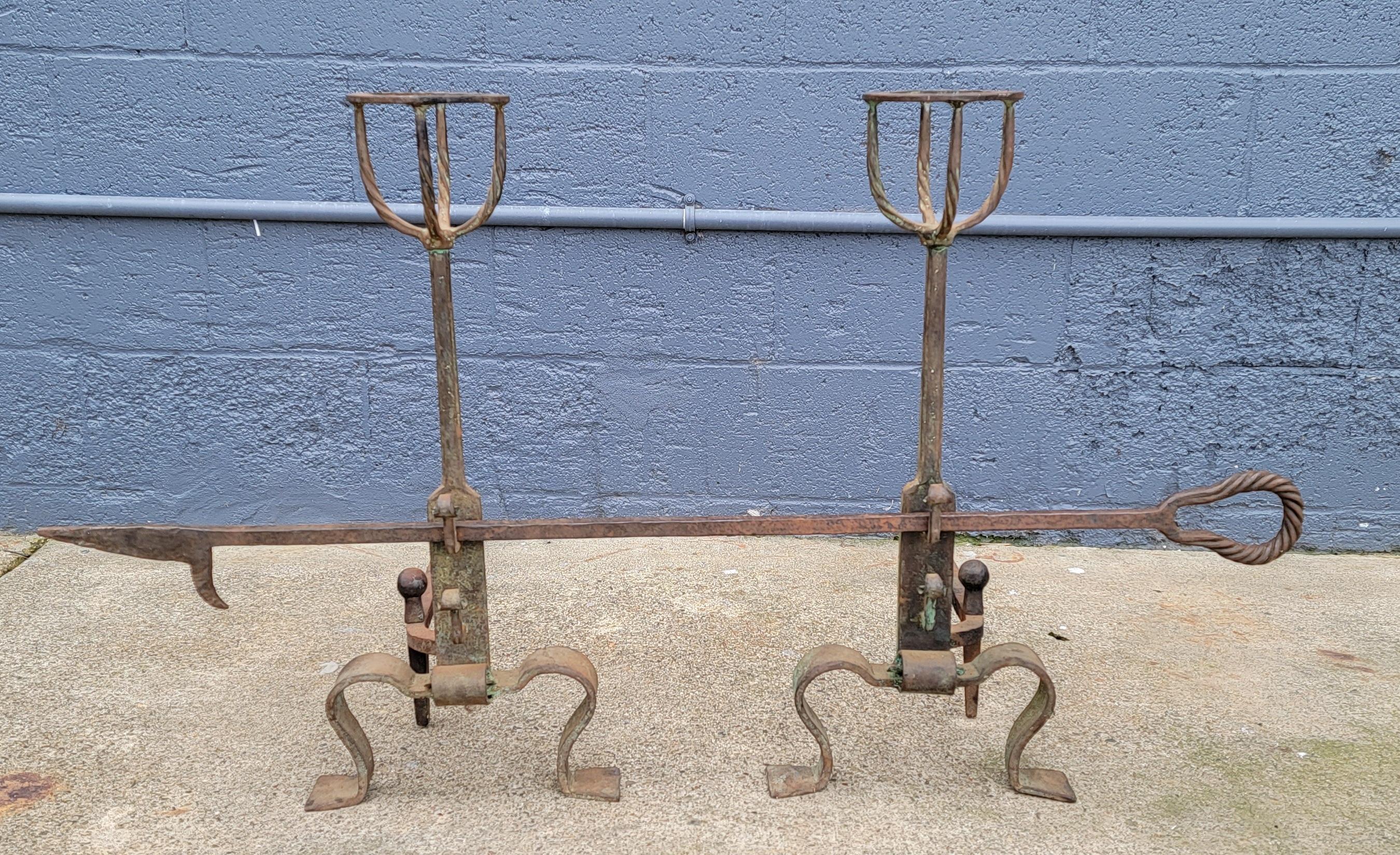 Iron Andirons & Poker Set Hand Wrought 19th Century 1
