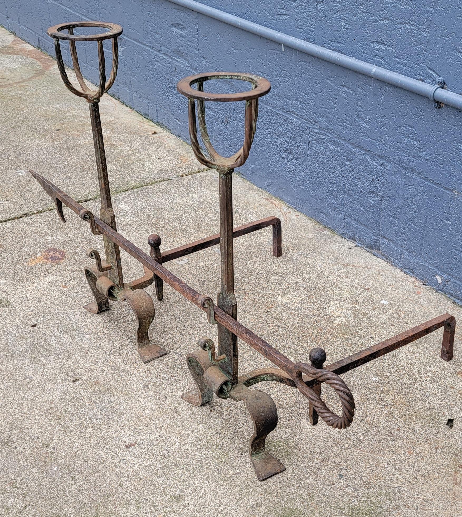 Iron Andirons & Poker Set Hand Wrought 19th Century 2