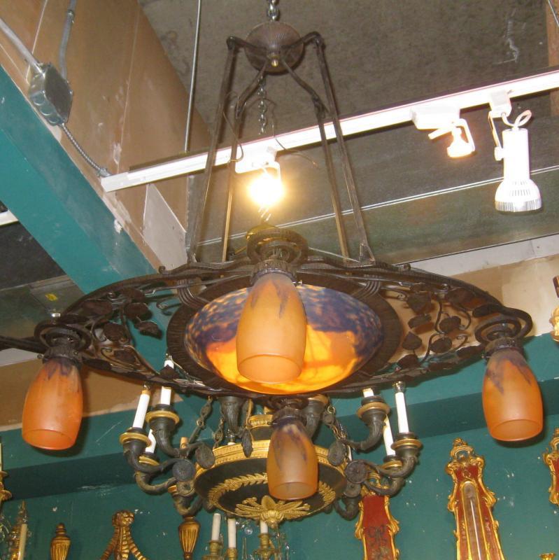 Iron Art Deco chandelier with daum glass shades.