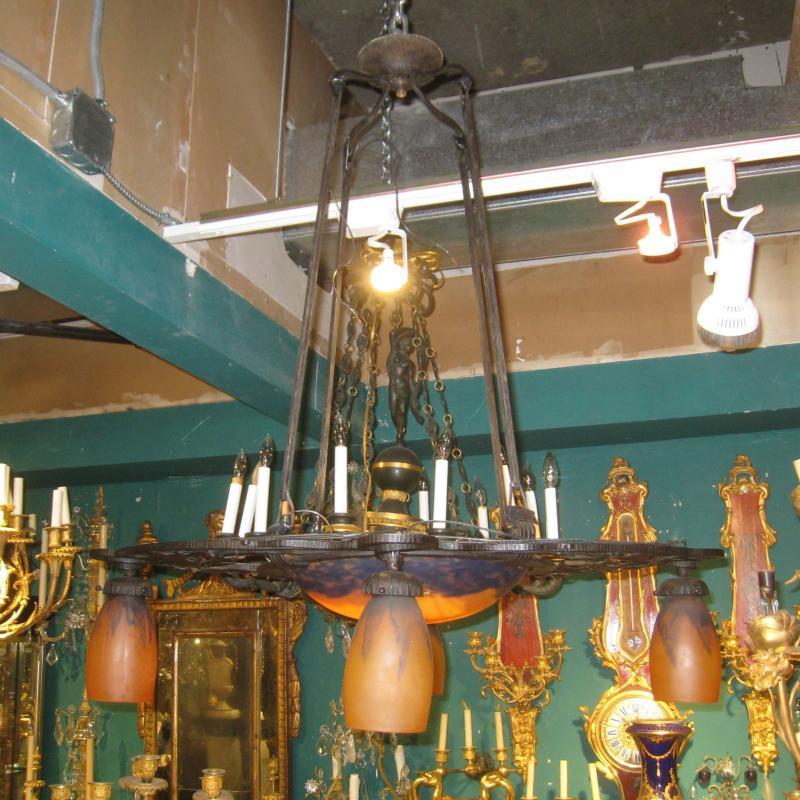 French Iron Art Deco Chandelier with Daum Glass Shades