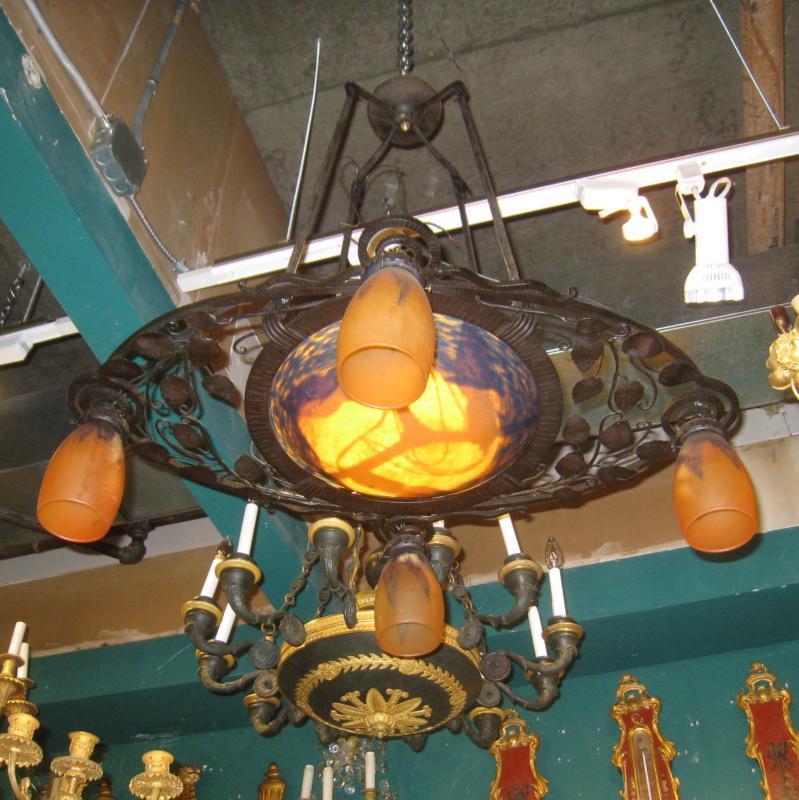 Forged Iron Art Deco Chandelier with Daum Glass Shades