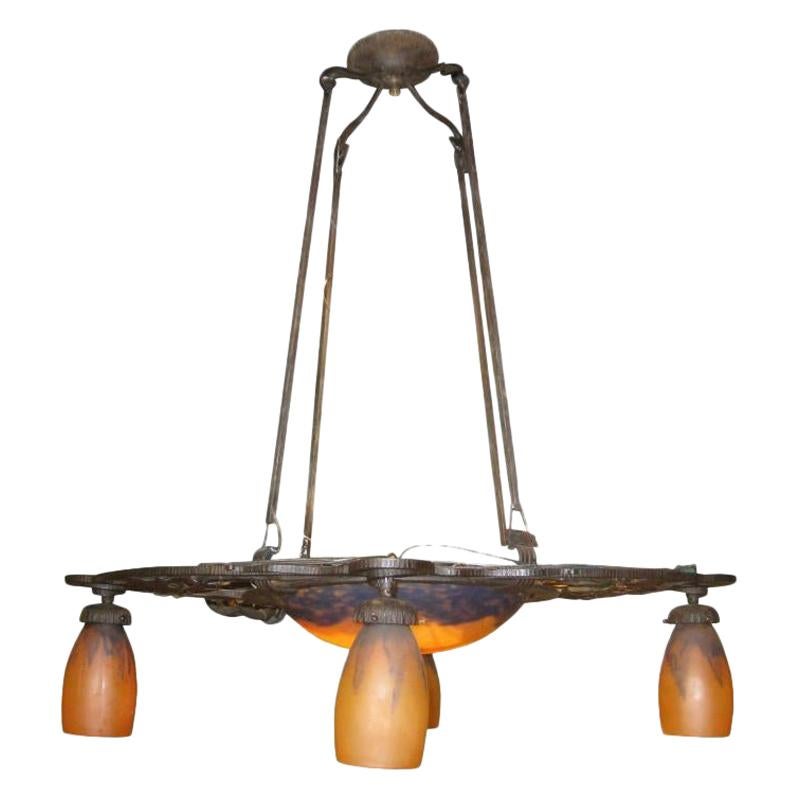 Iron Art Deco Chandelier with Daum Glass Shades