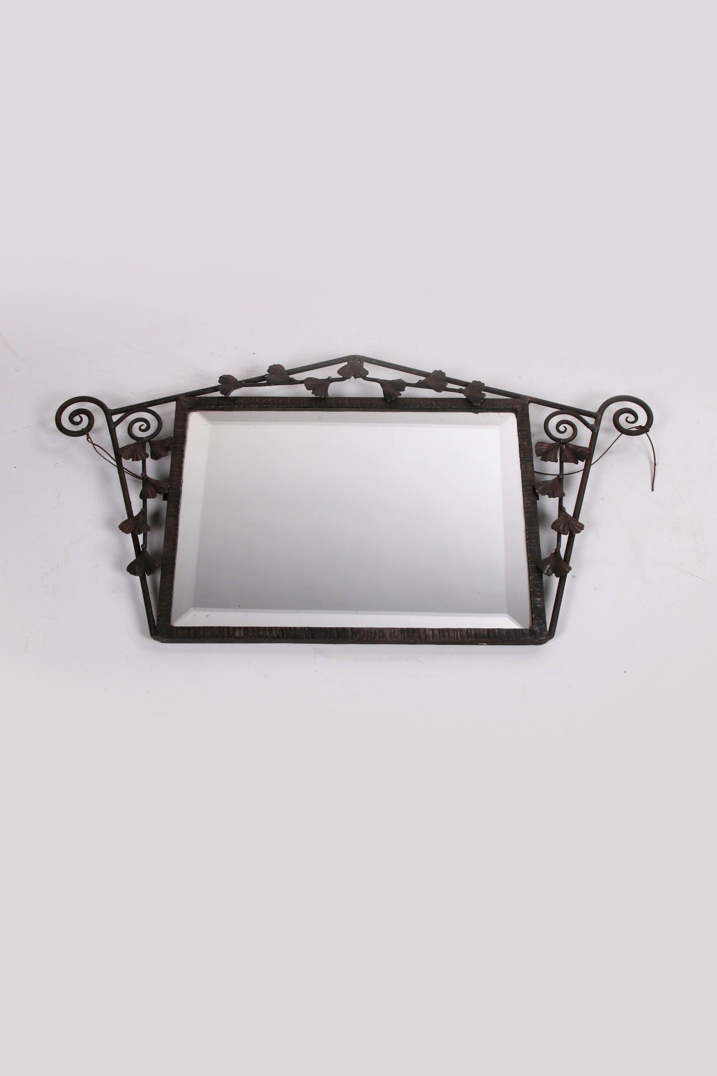 Early 20th Century Iron Art Deco Mirror with Black Metal Flowers For Sale