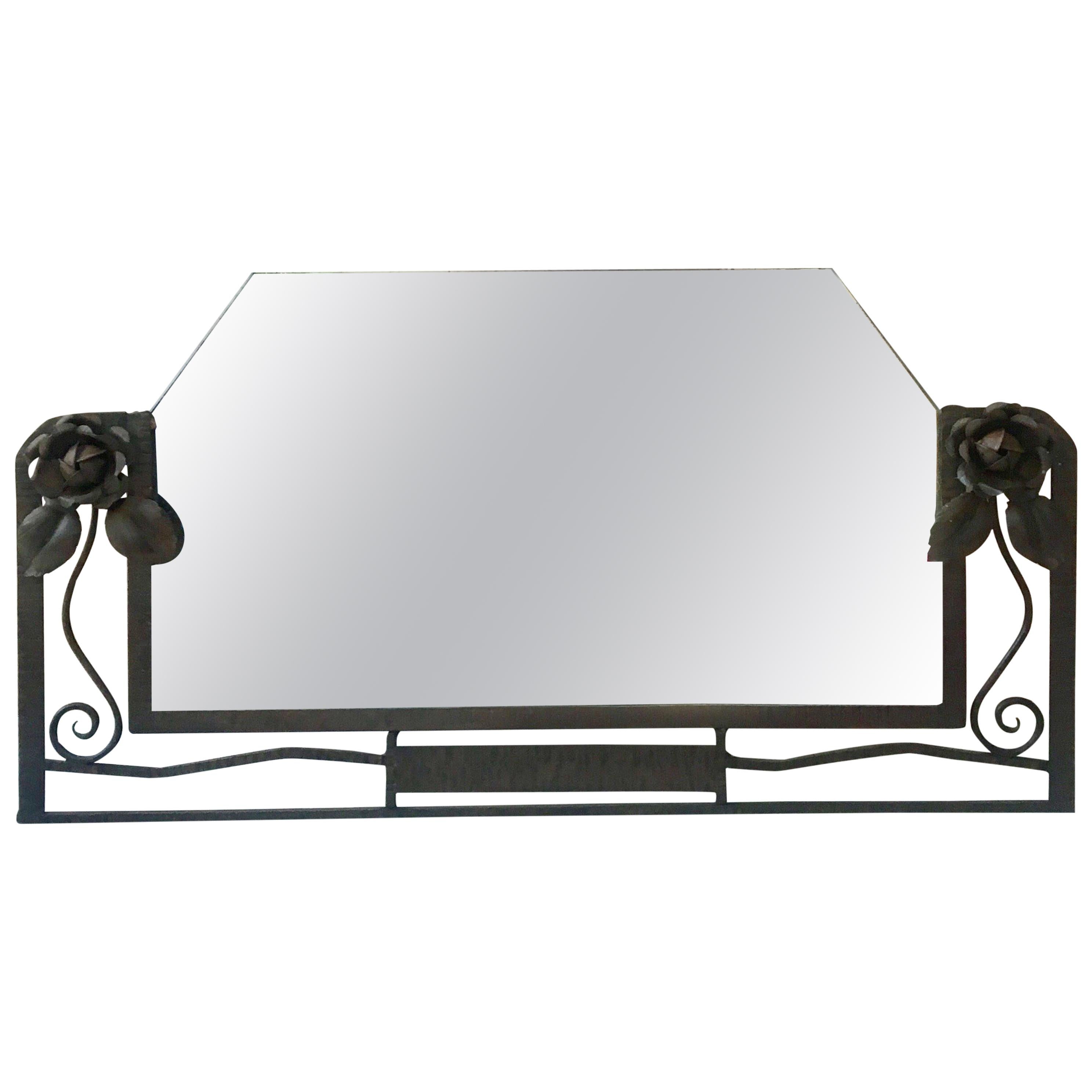 Iron Art Deco Mirror with Roses, circa 1930 For Sale