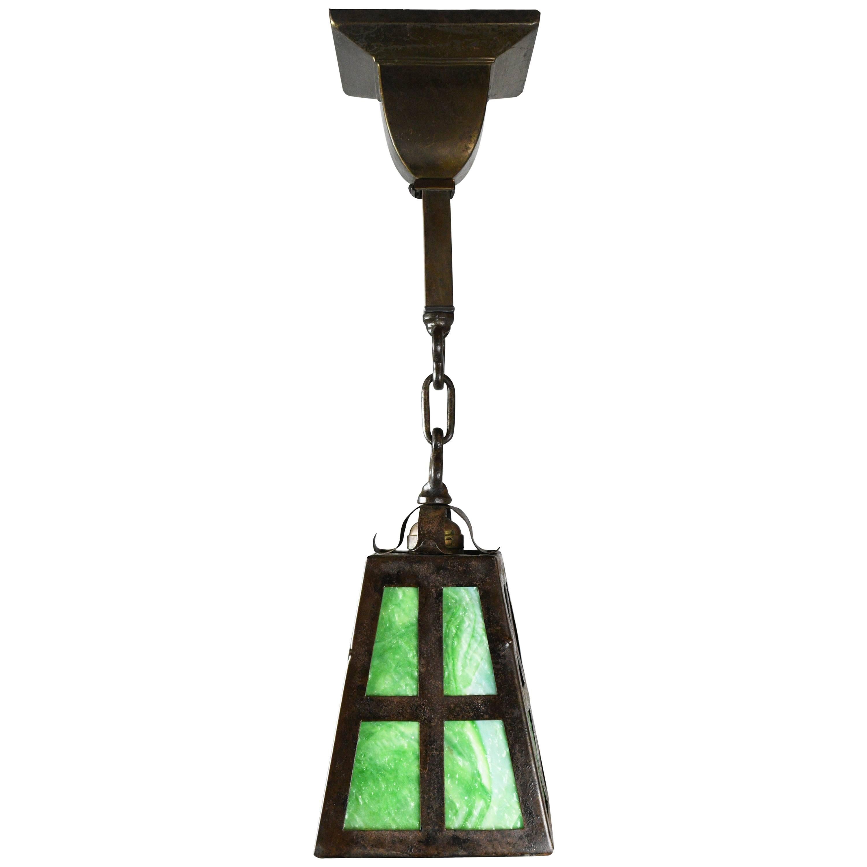 Iron Arts 
Crafts Pendant with Green Slag Glass