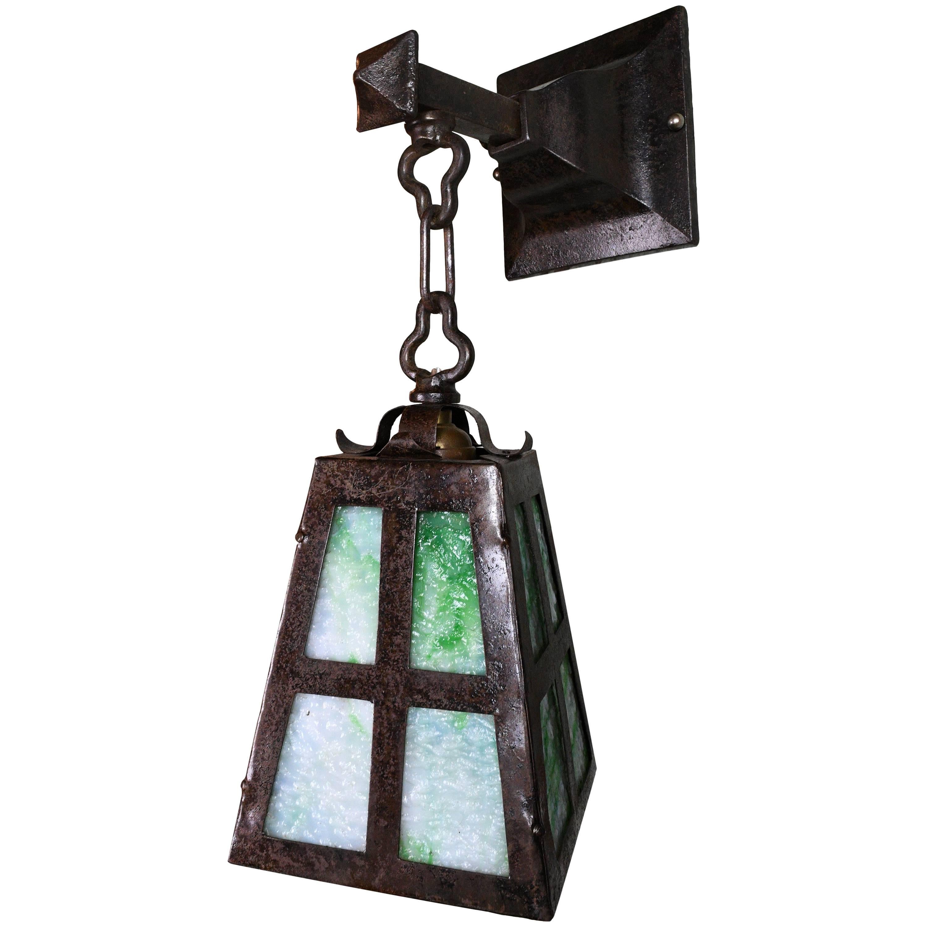 Iron Arts & Crafts Sconce with Green Slag Glass