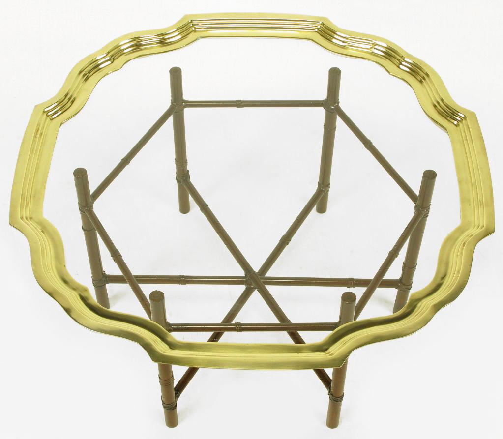 American Iron Bamboo-Form Coffee Table with Brass Rimmed Glass Tray For Sale