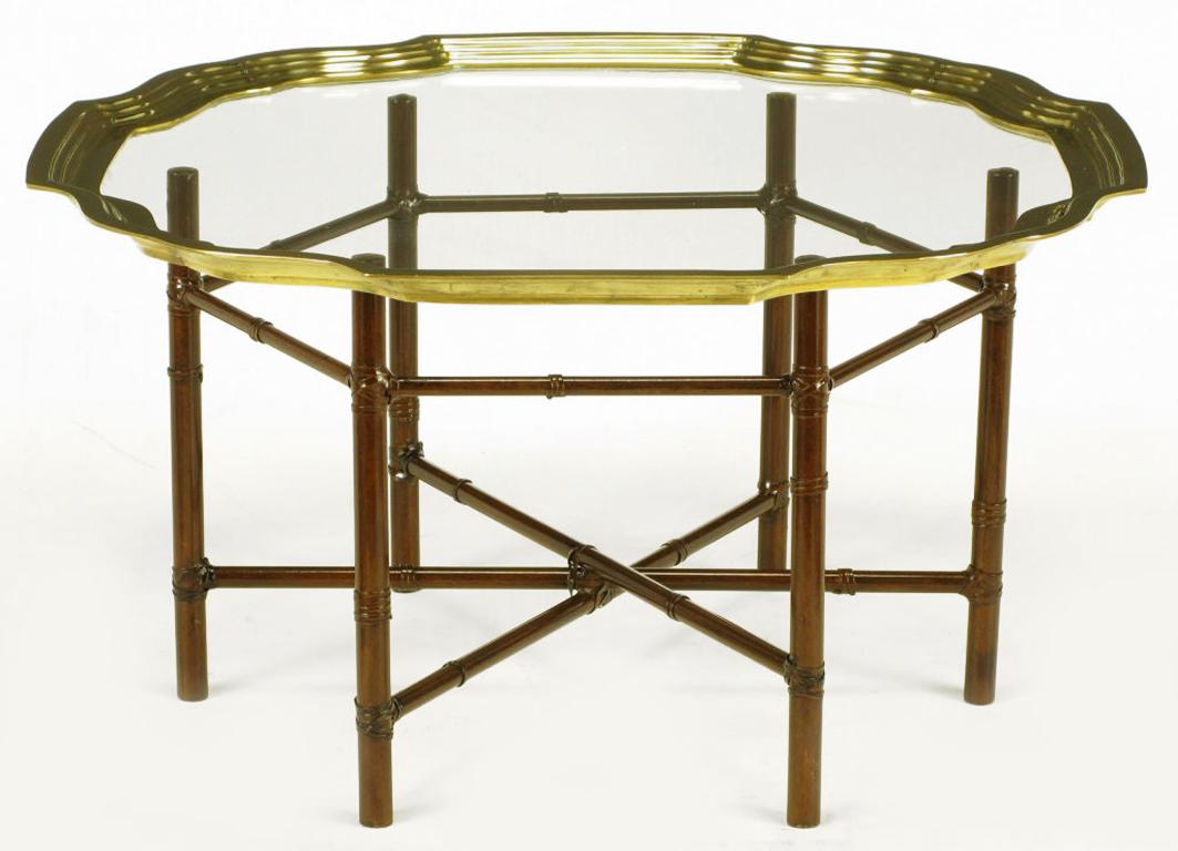 American Iron Bamboo-Form Coffee Table with Brass Rimmed Glass Tray For Sale