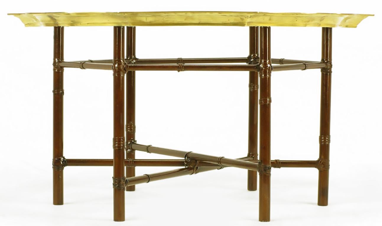 Mid-20th Century Iron Bamboo-Form Coffee Table with Brass Rimmed Glass Tray For Sale