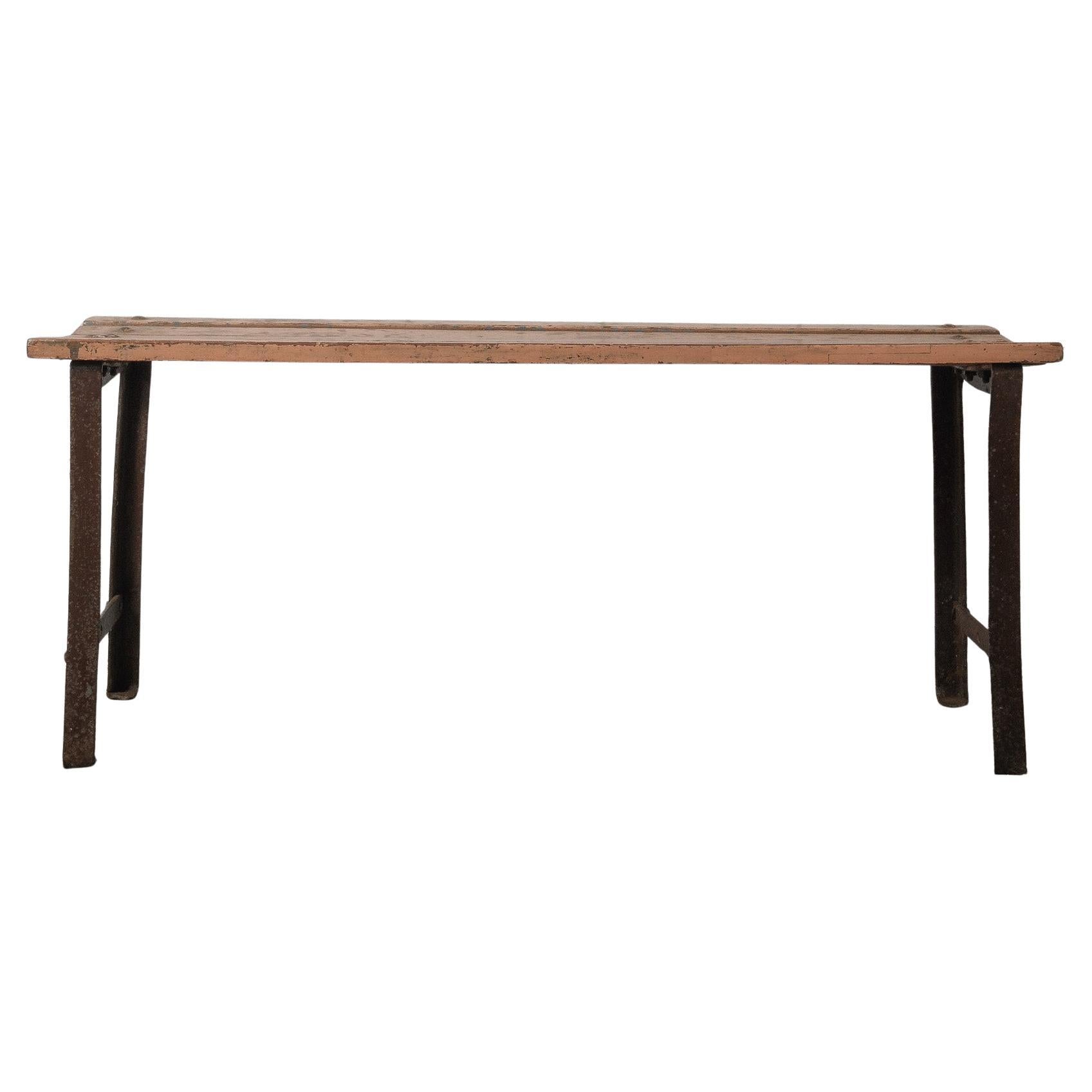 Iron-Base Bench with Weathered Wooden Seat