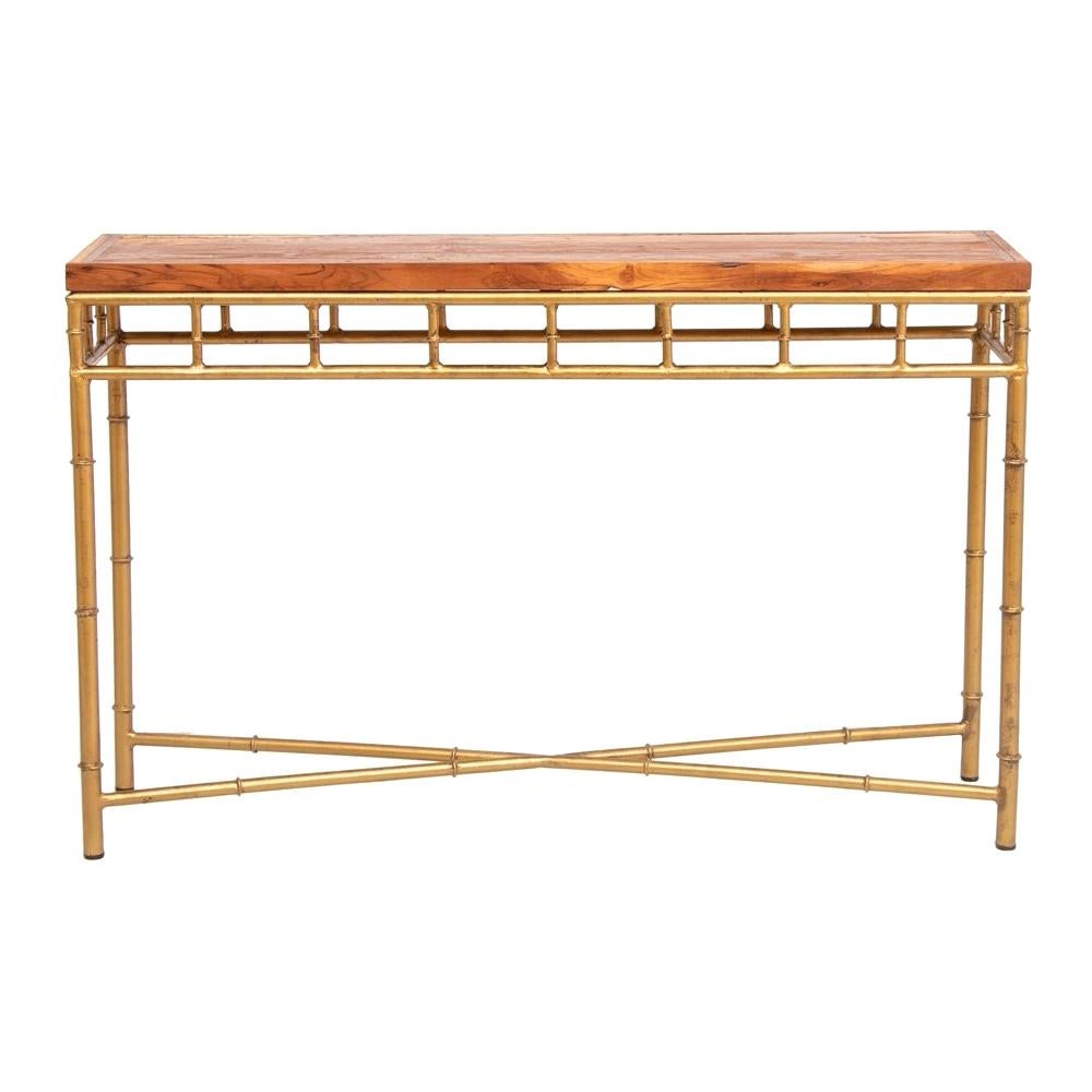 Iron Base Console Table with Reclaimed Teak Top For Sale