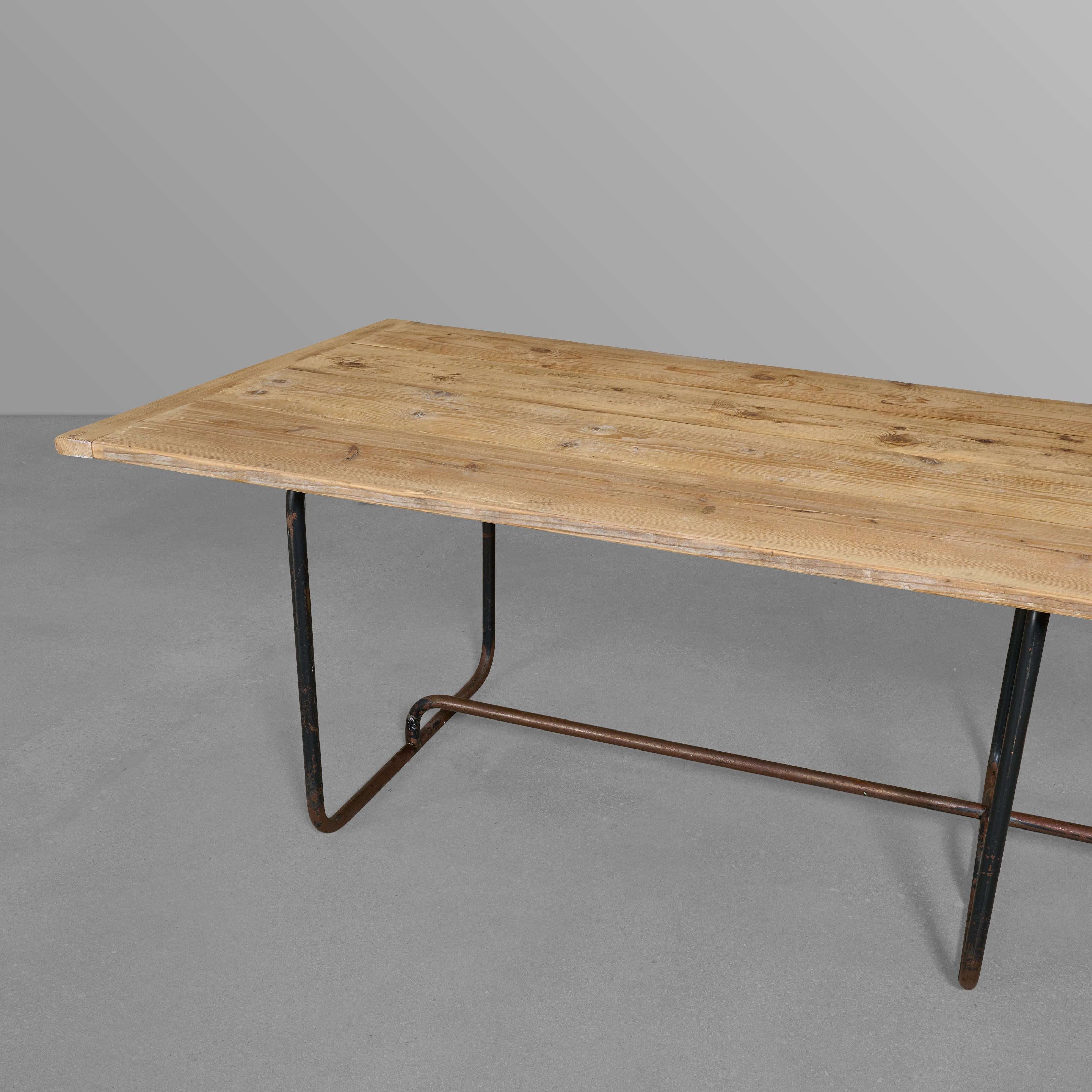 Italian Iron Base Table with Pine Top For Sale
