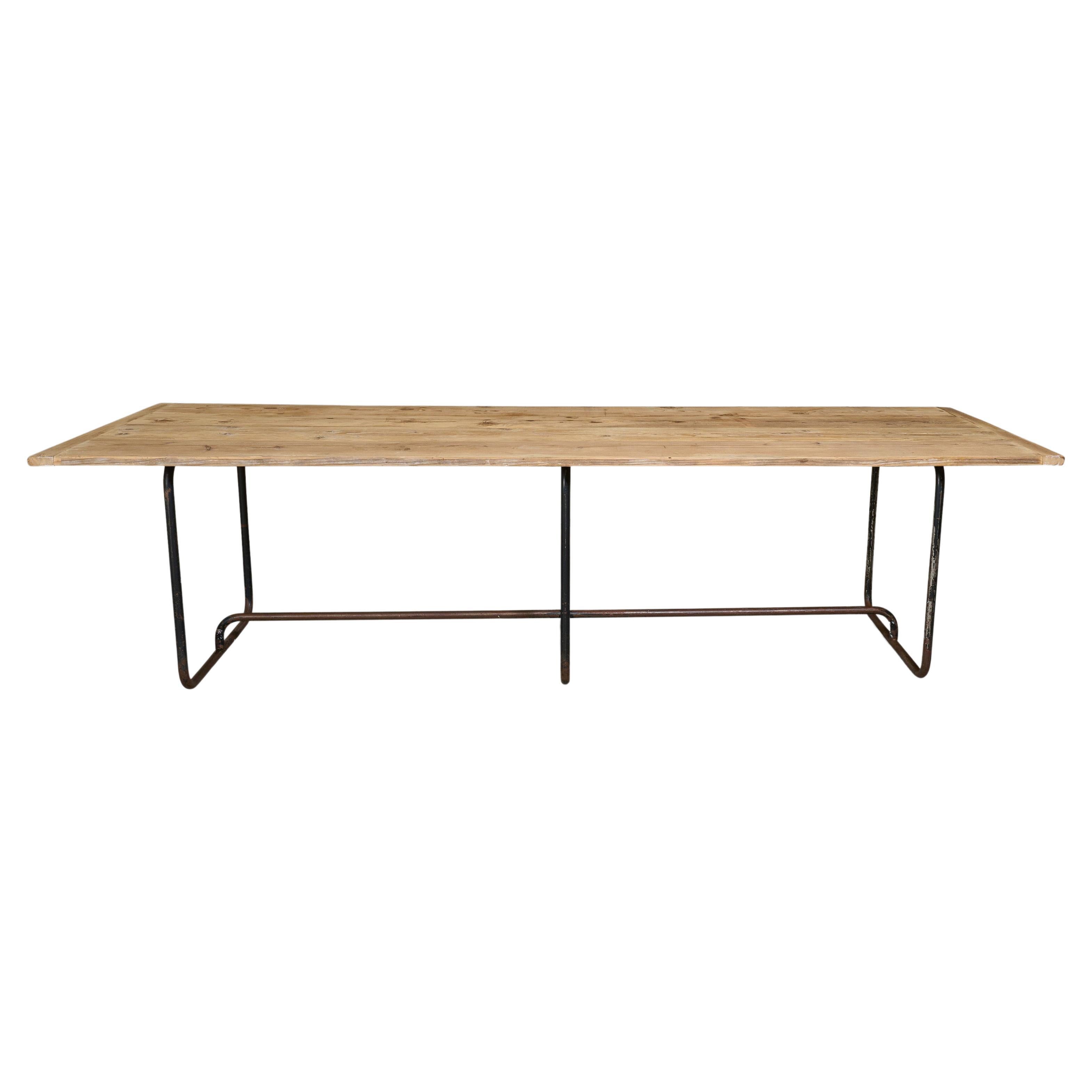Iron Base Table with Pine Top For Sale