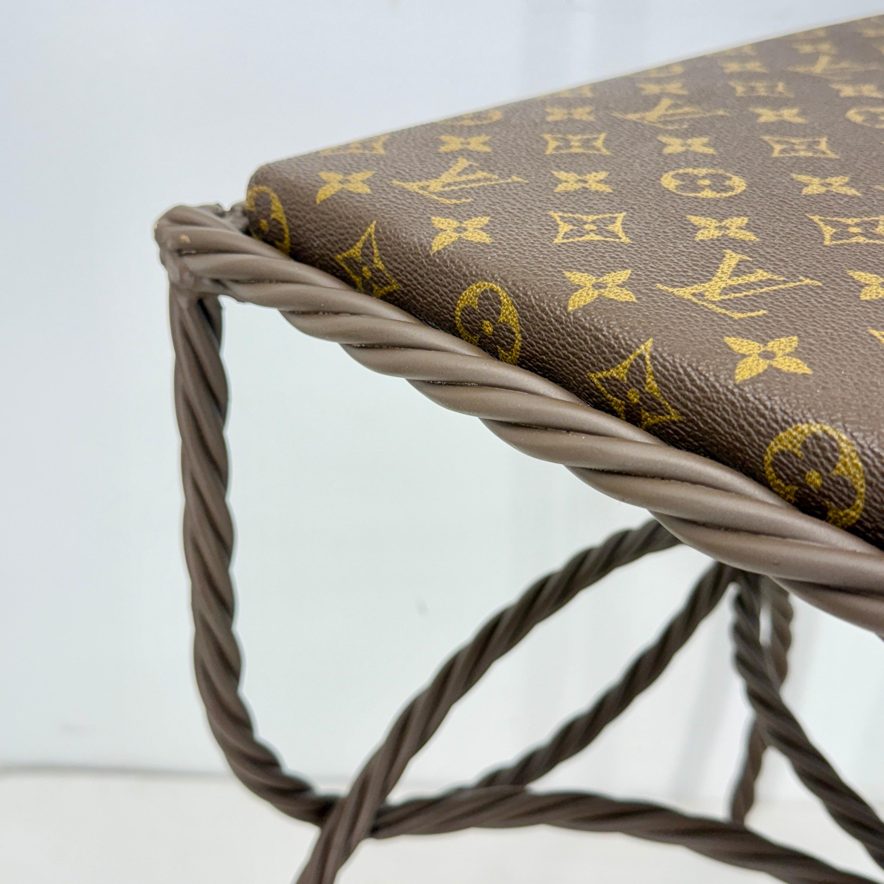 Iron Bench Side Table Stool- Louis Vuitton Monogram Fabric For Sale 2