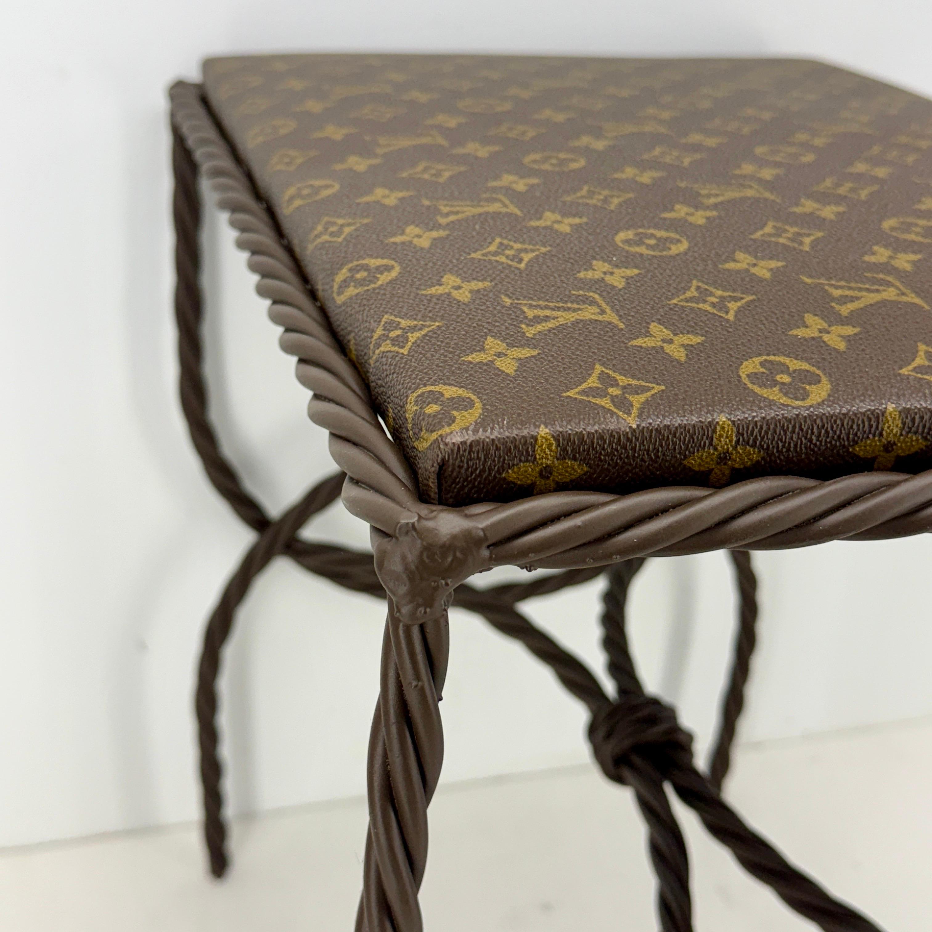 Iron Bench Side Table Stool- Louis Vuitton Monogram Fabric For Sale 3