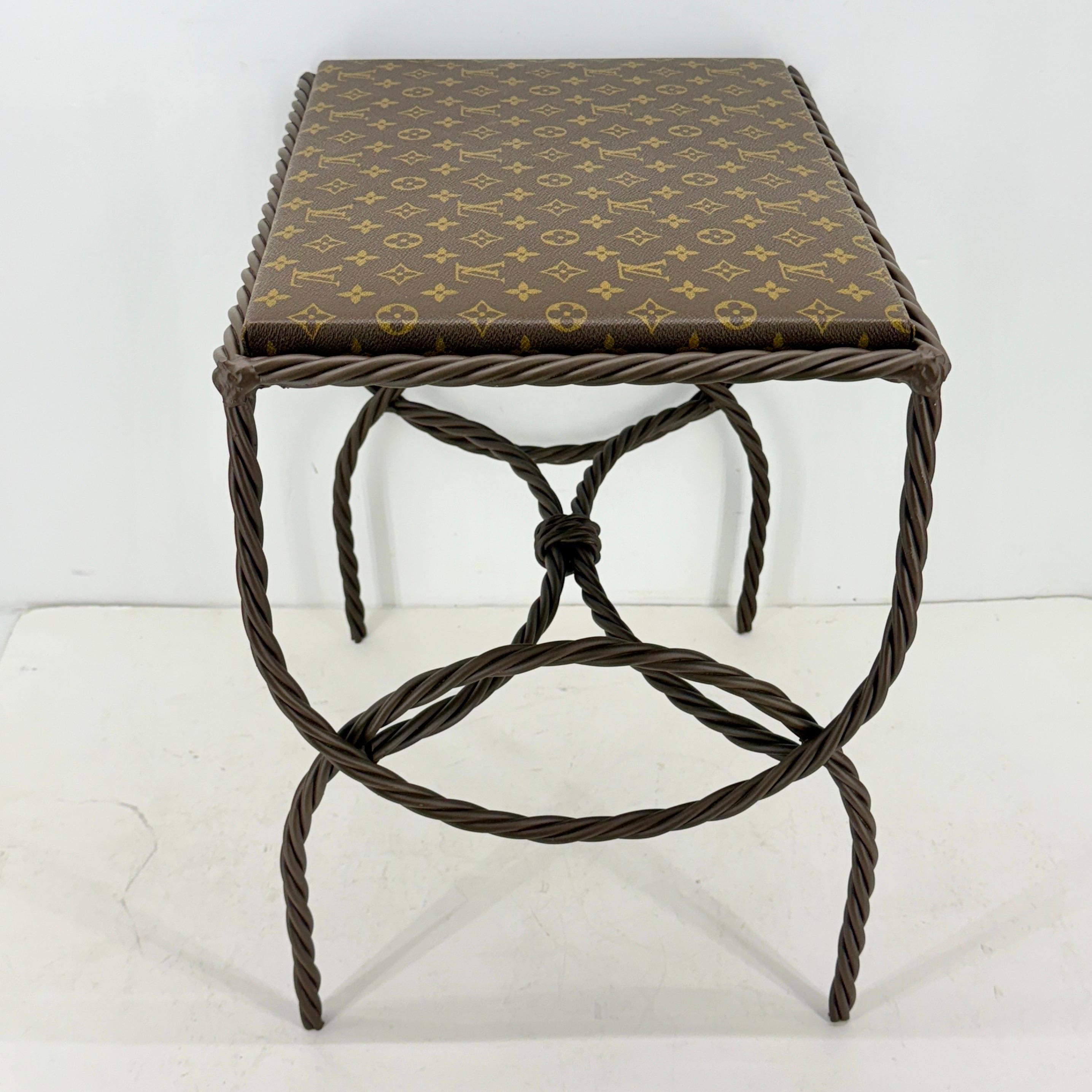 Iron Bench Side Table Stool- Louis Vuitton Monogram Fabric For Sale 3
