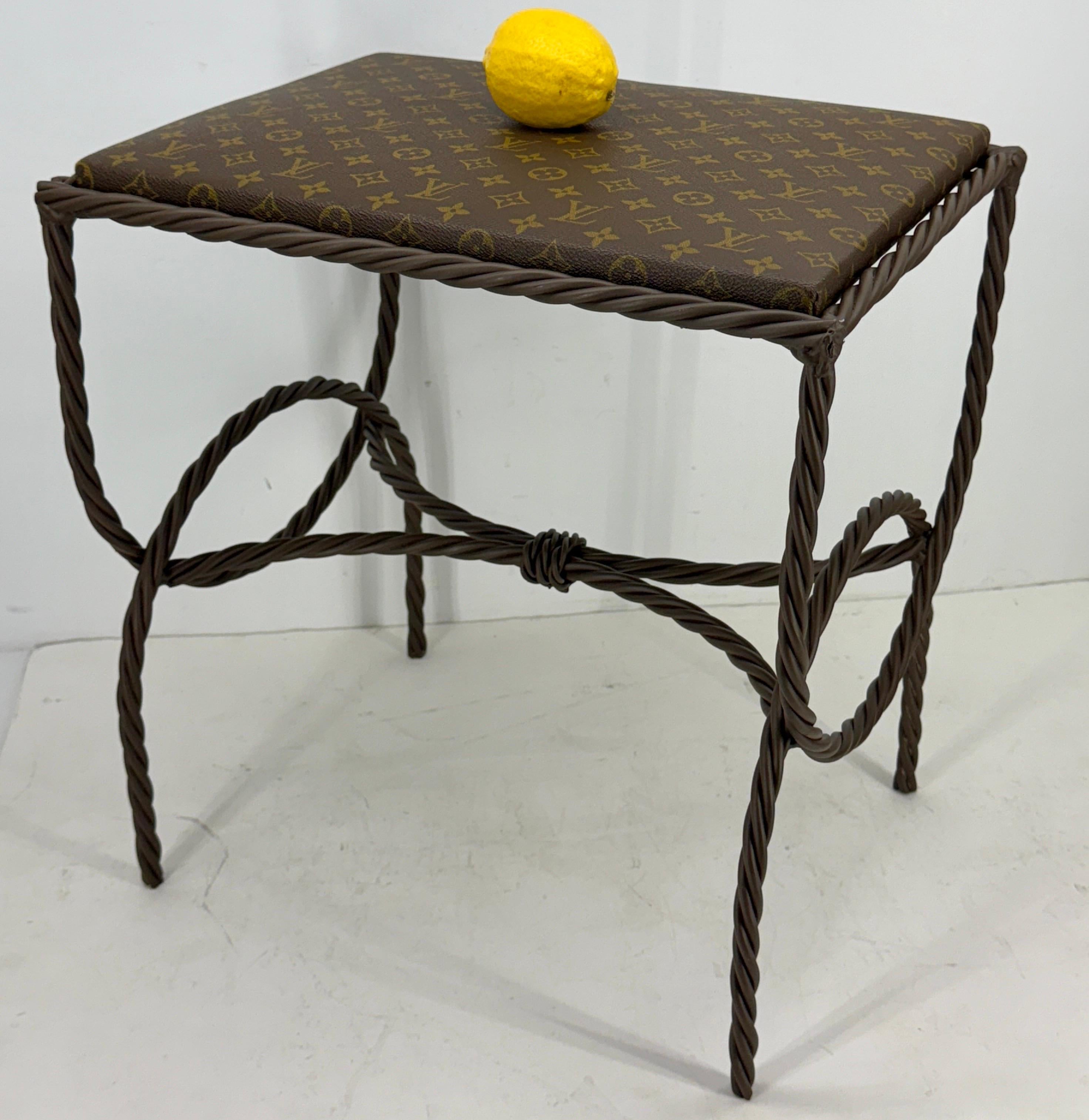 Iron Bench Side Table Stool- Louis Vuitton Monogram Fabric For Sale 4