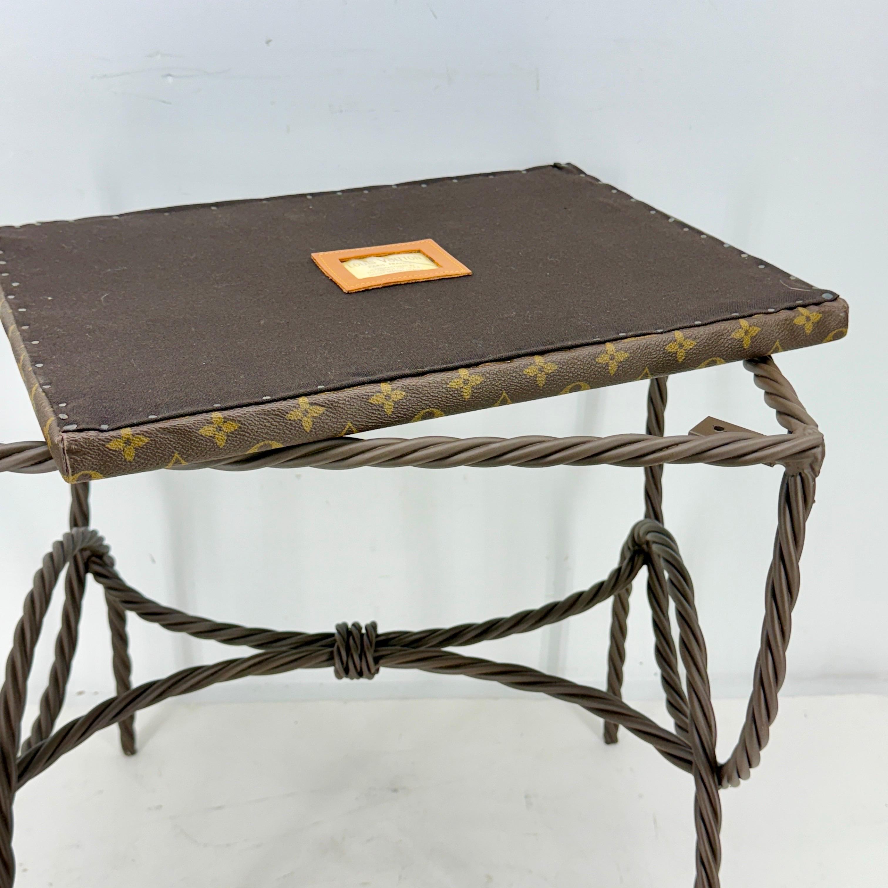 Iron Bench Side Table Stool- Louis Vuitton Monogram Fabric For Sale 4