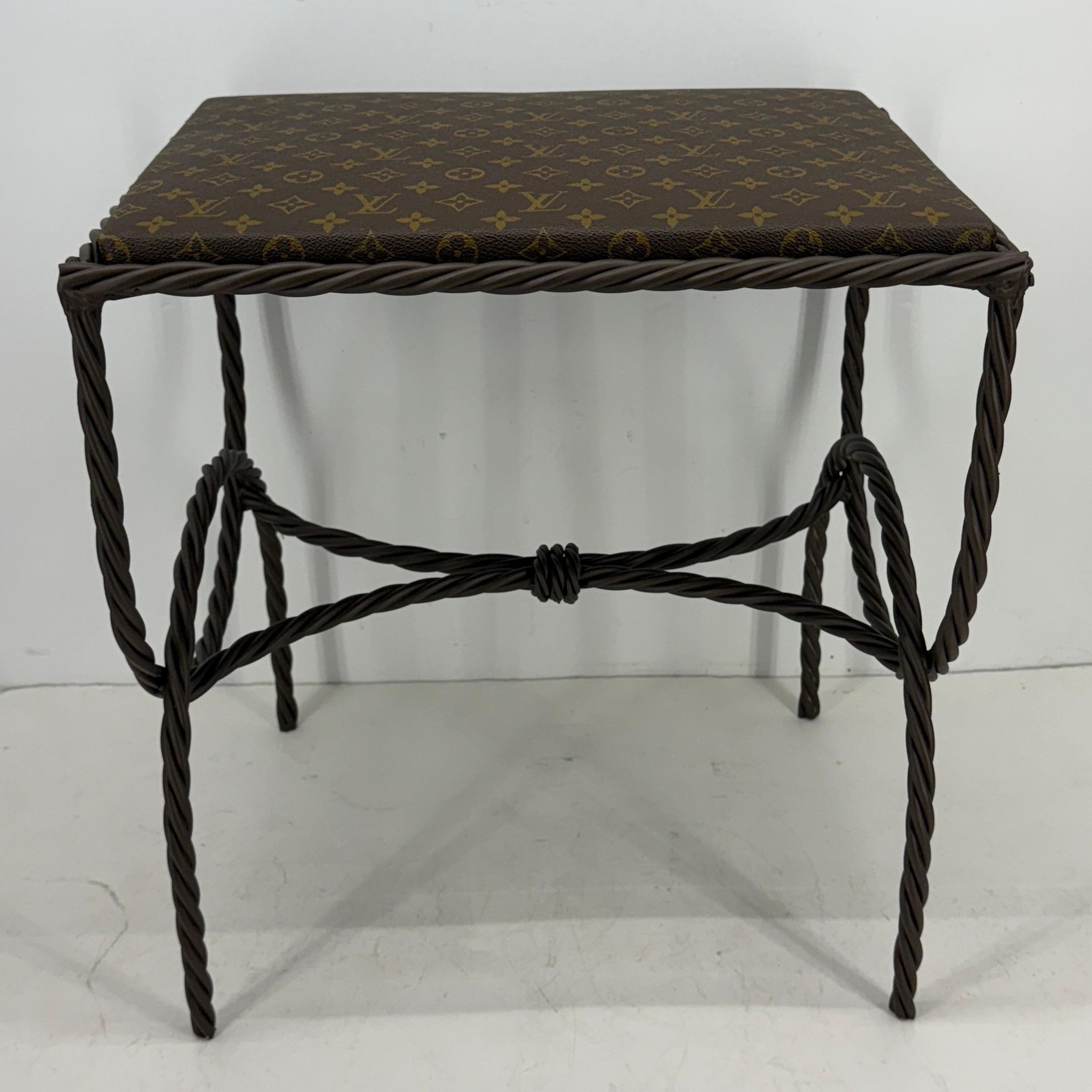 Mid-Century Modern Iron Bench Side Table Stool- Louis Vuitton Monogram Fabric For Sale