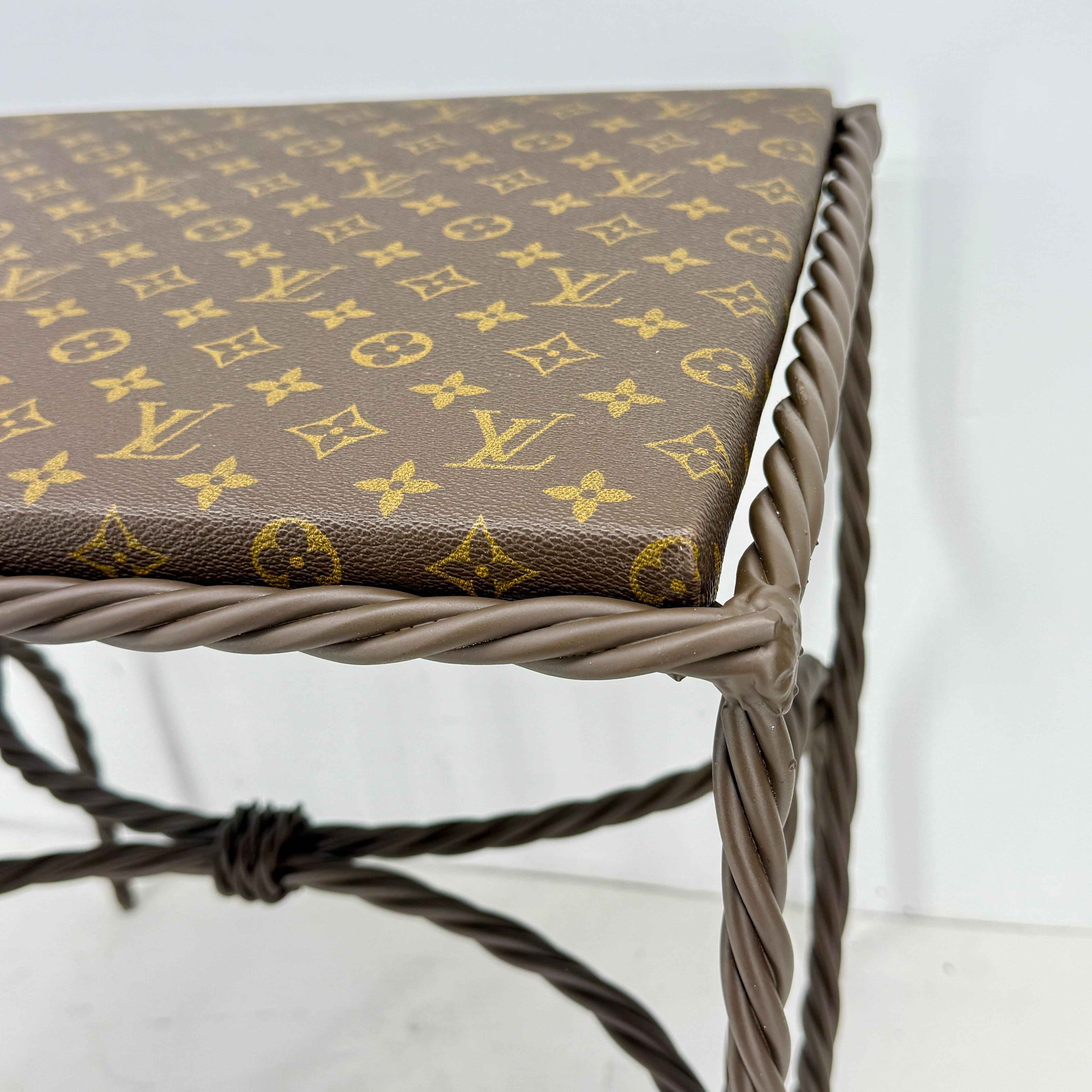 Mid-Century Modern Iron Bench Side Table Stool- Louis Vuitton Monogram Fabric For Sale